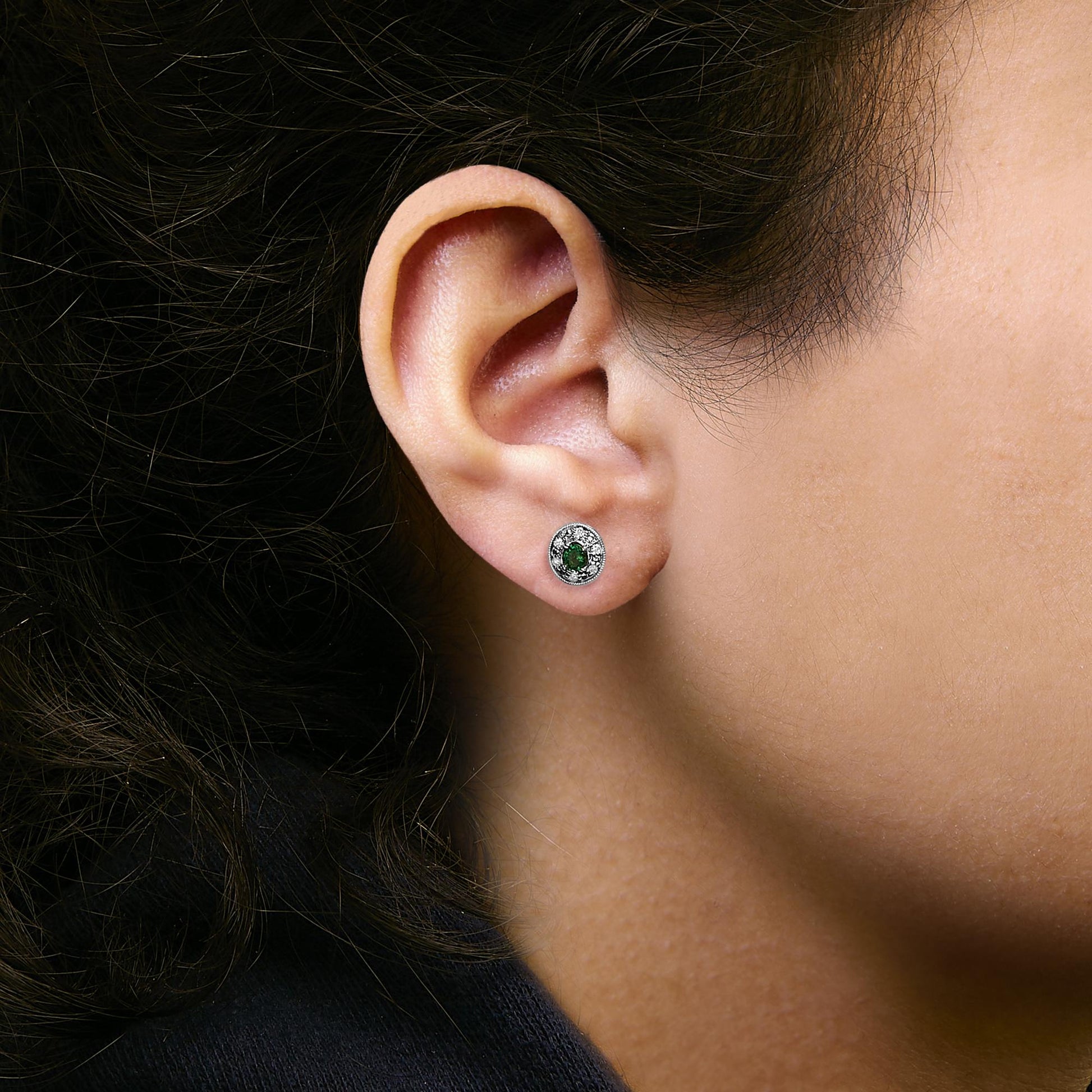 14K White Gold Oval Green Emerald and 1/10 Cttw Diamond Halo Stud Earrings  (I-J Color, I1-I2 Clarity)-2