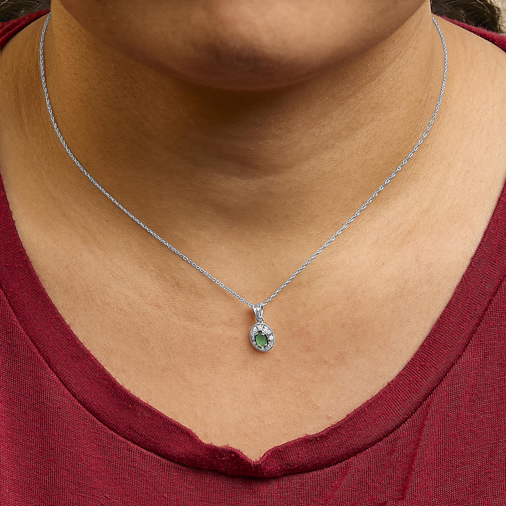 14K White Gold Oval Green Emerald and Diamond Halo Pendant Necklace - 18" Inches-2