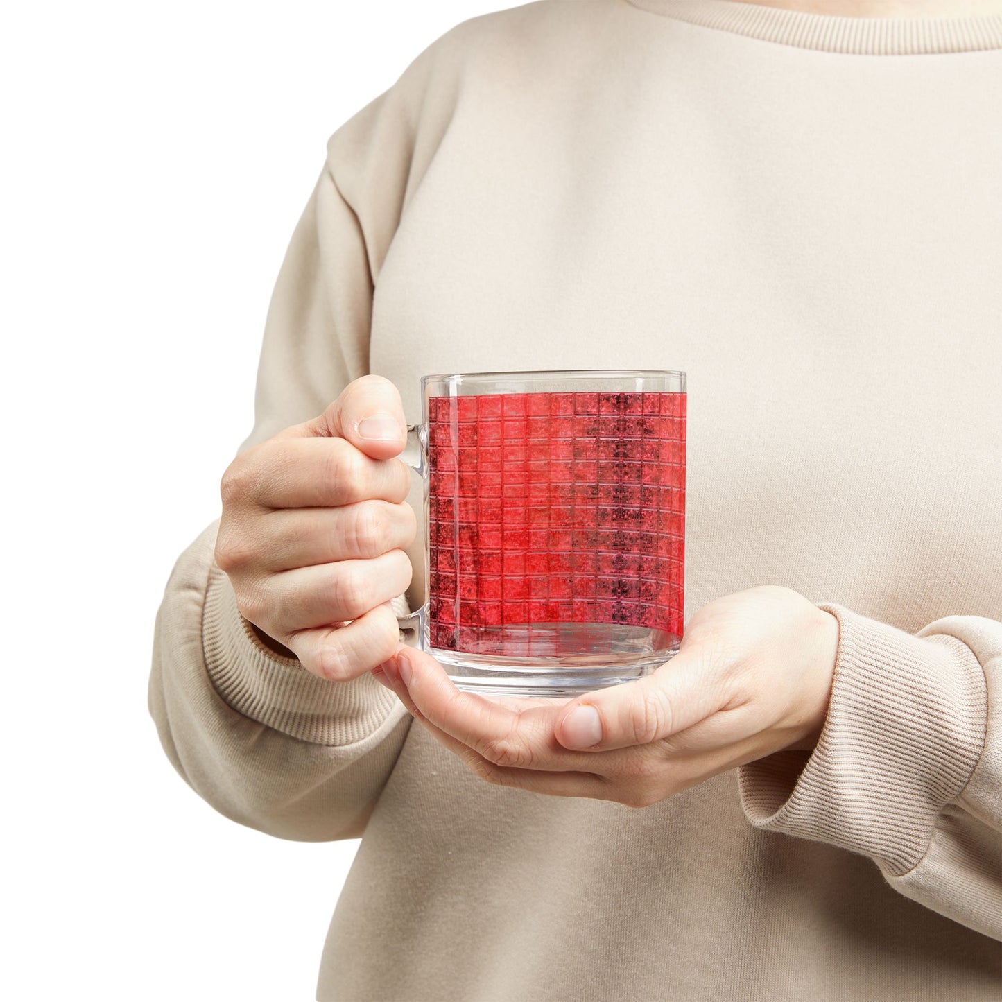 Red Watercolor Grid Glass Mug 10oz
