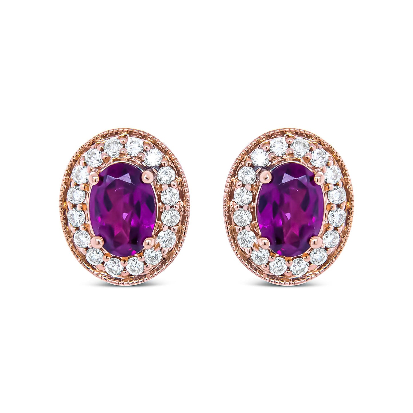 14K Rose Gold 7x5mm Oval Cut Garnet and 3/8 Cttw Round Diamond Halo Stud Earrings (G-H Color, SI1-SI2 Clarity)-1