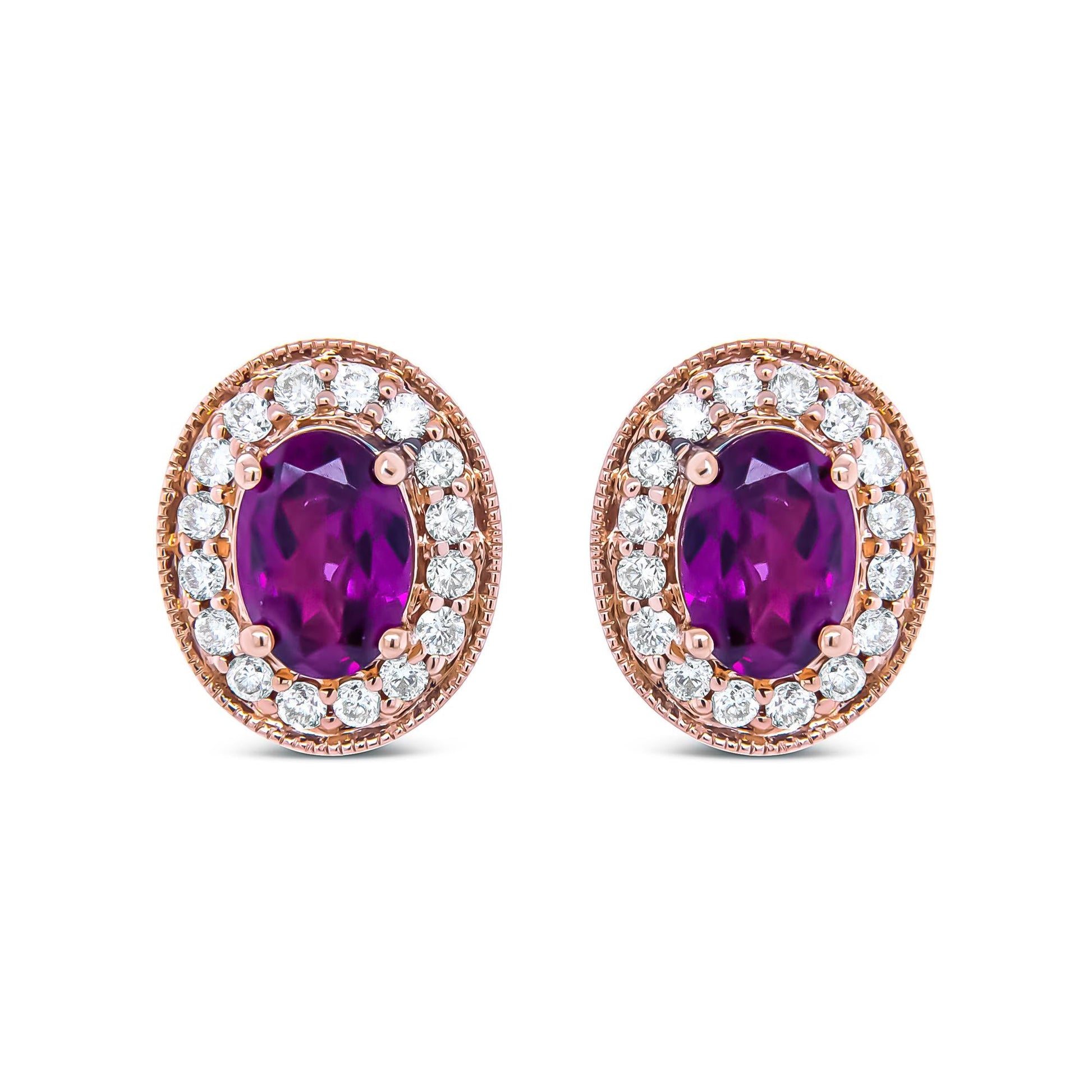 14K Rose Gold 7x5mm Oval Cut Garnet and 3/8 Cttw Round Diamond Halo Stud Earrings (G-H Color, SI1-SI2 Clarity)-1