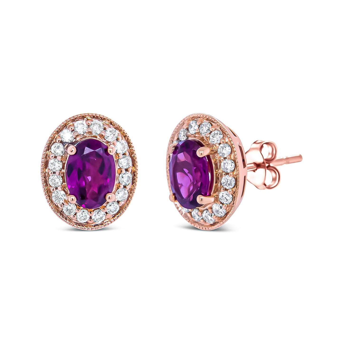 14K Rose Gold 7x5mm Oval Cut Garnet and 3/8 Cttw Round Diamond Halo Stud Earrings (G-H Color, SI1-SI2 Clarity)-3