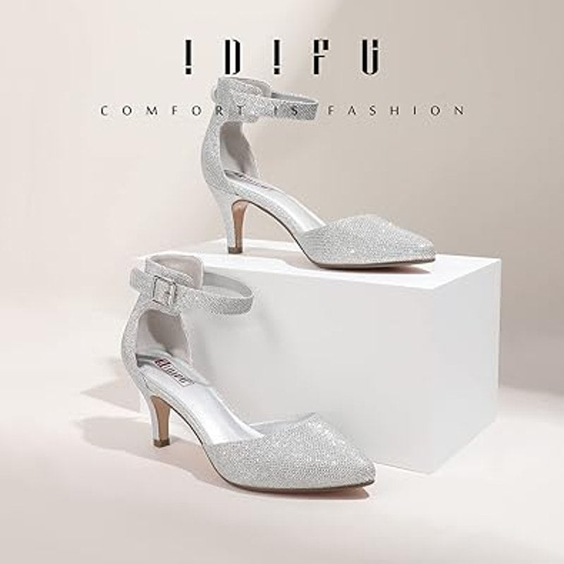 Idifu Womens 8 Silver Glitter 3" Kitten Heel Pointed Close Toe Ankle Strap Shoes