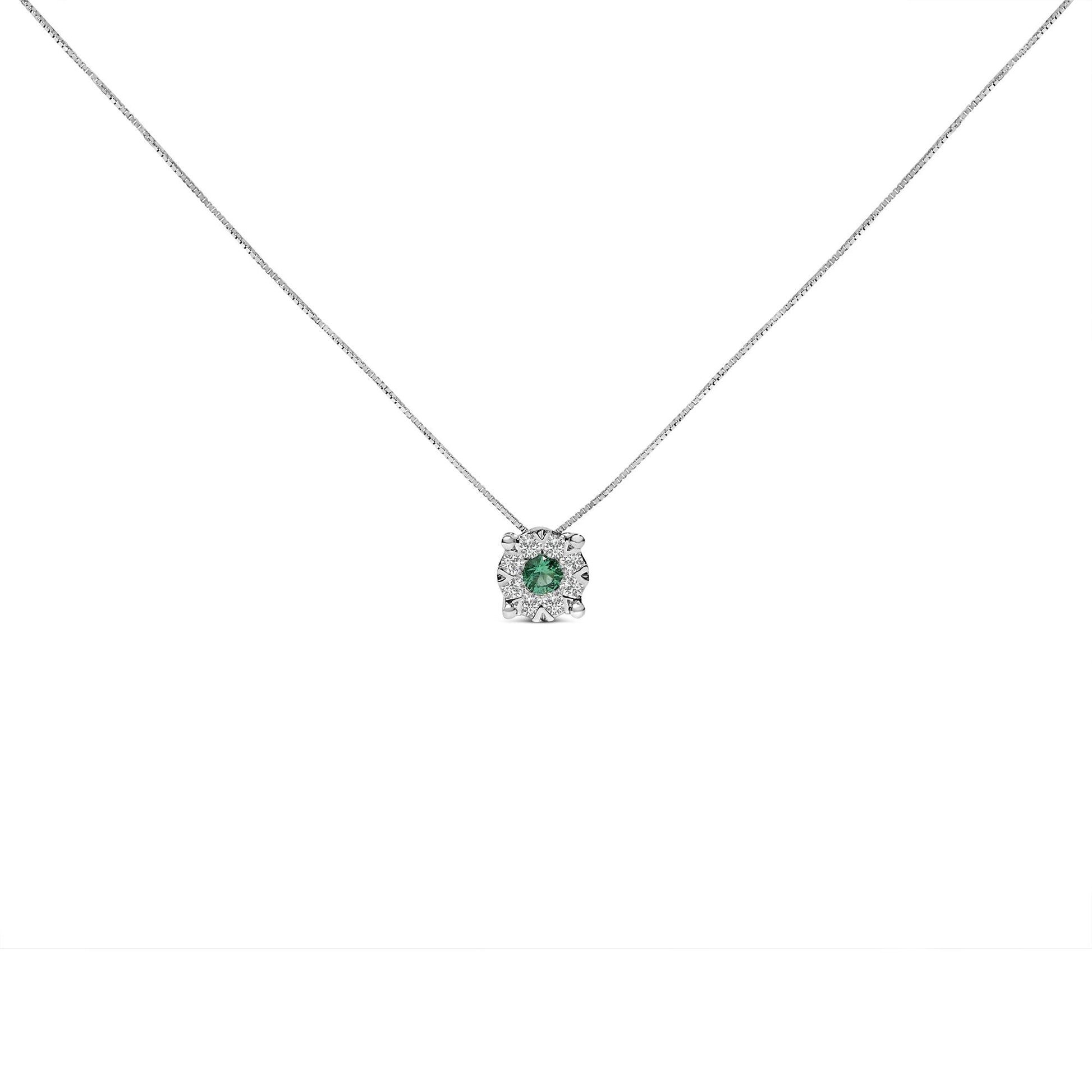 14K White Gold 3.8 MM Green Emerald and 1/3 Cttw Diamond Composite Halo 18" Pendant Necklace (F-G Color, VS2-SI1 Clarity)-1