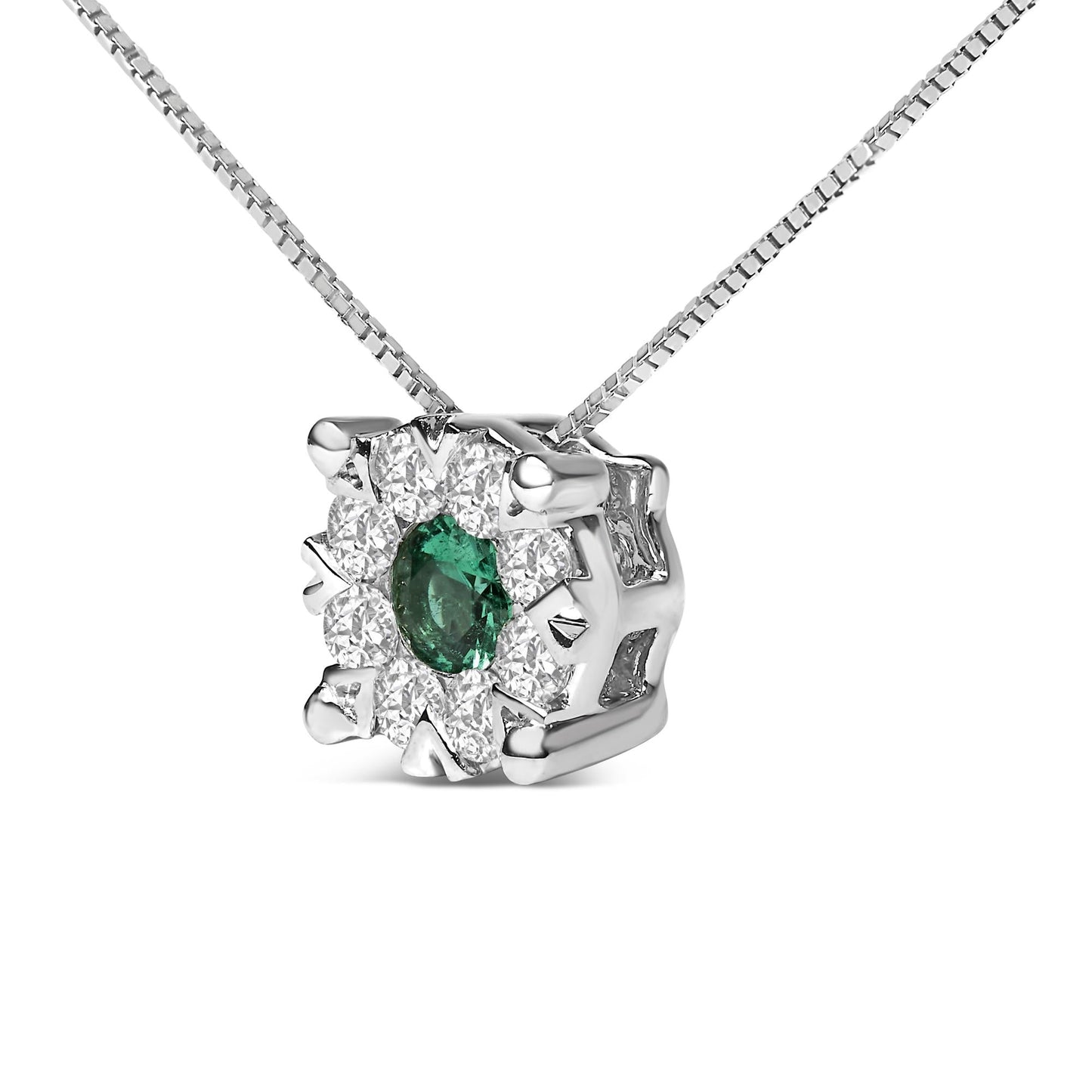 14K White Gold 3.8 MM Green Emerald and 1/3 Cttw Diamond Composite Halo 18" Pendant Necklace (F-G Color, VS2-SI1 Clarity)-3