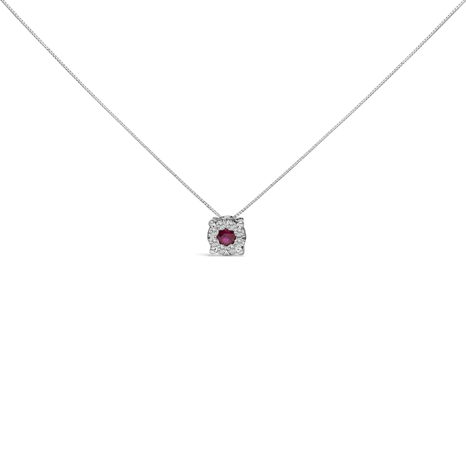 14K White Gold Red Ruby and 1/3 Cttw Diamond Halo Pendant Necklace-0
