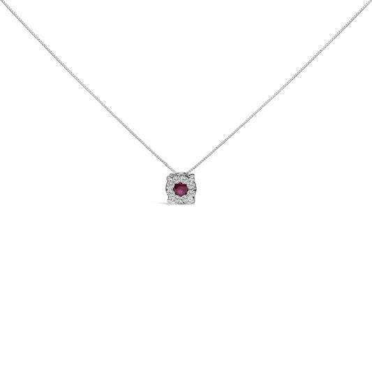14K White Gold Red Ruby and 1/3 Cttw Diamond Halo Pendant Necklace-0