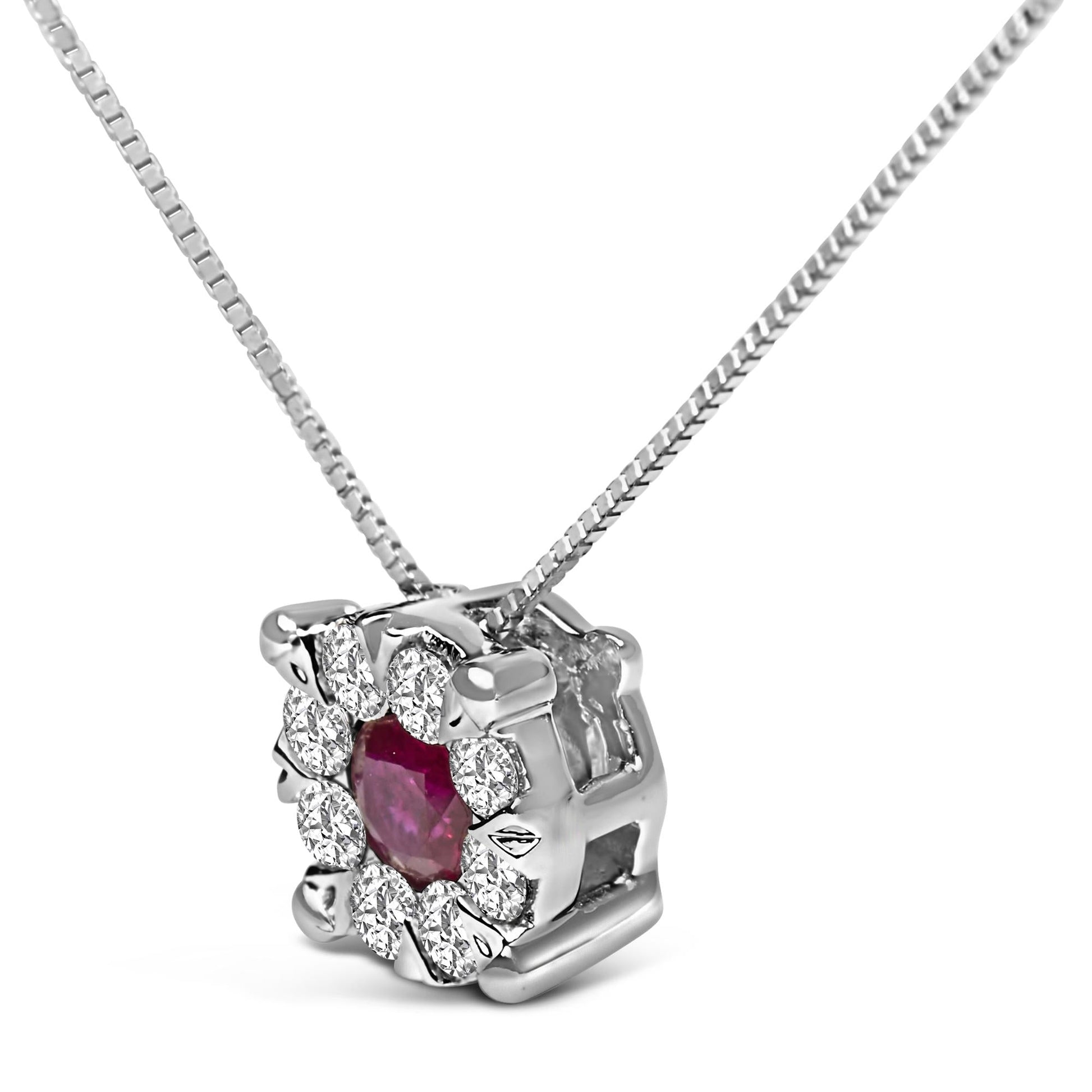 14K White Gold Red Ruby and 1/3 Cttw Diamond Halo Pendant Necklace-3