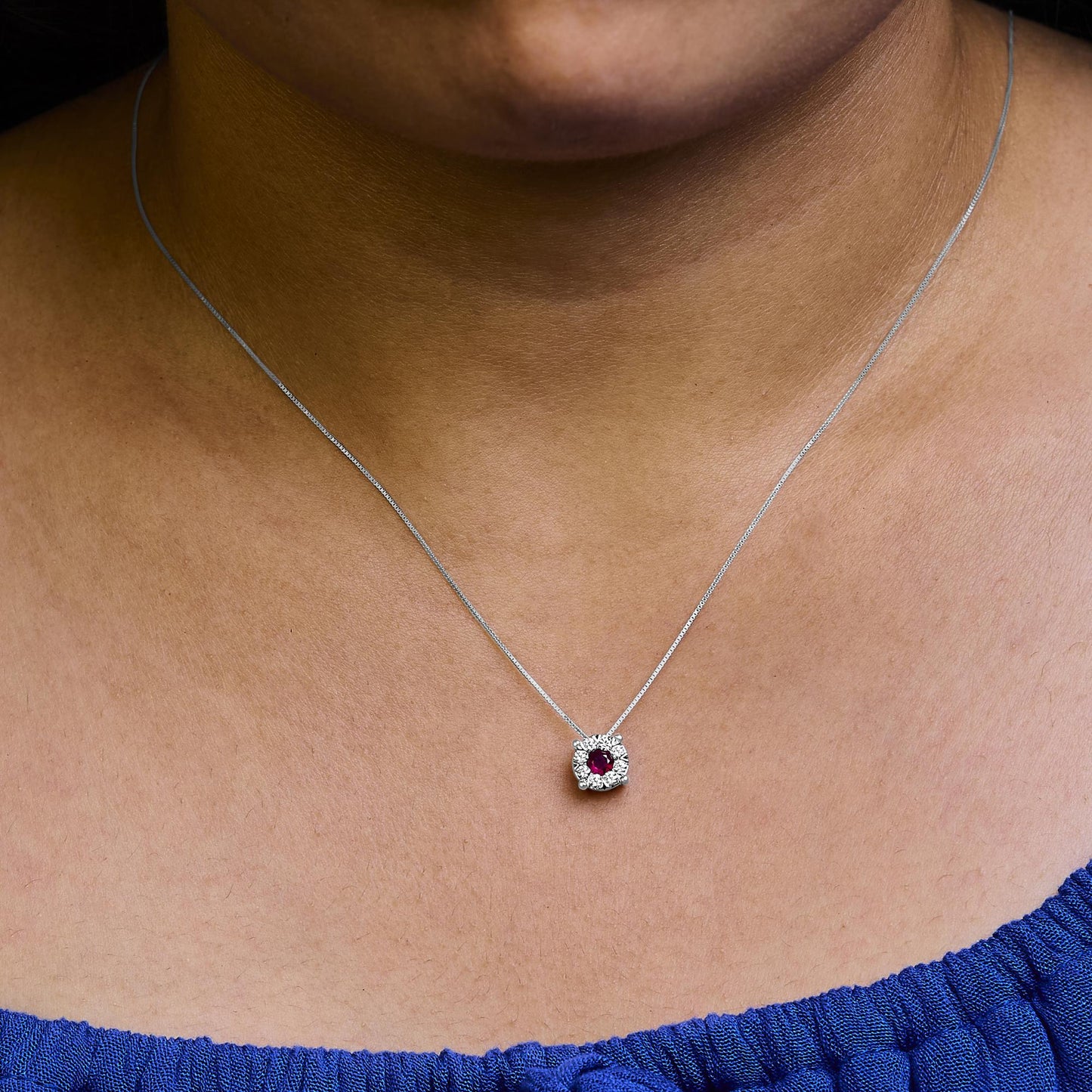 14K White Gold Red Ruby and 1/3 Cttw Diamond Halo Pendant Necklace-2