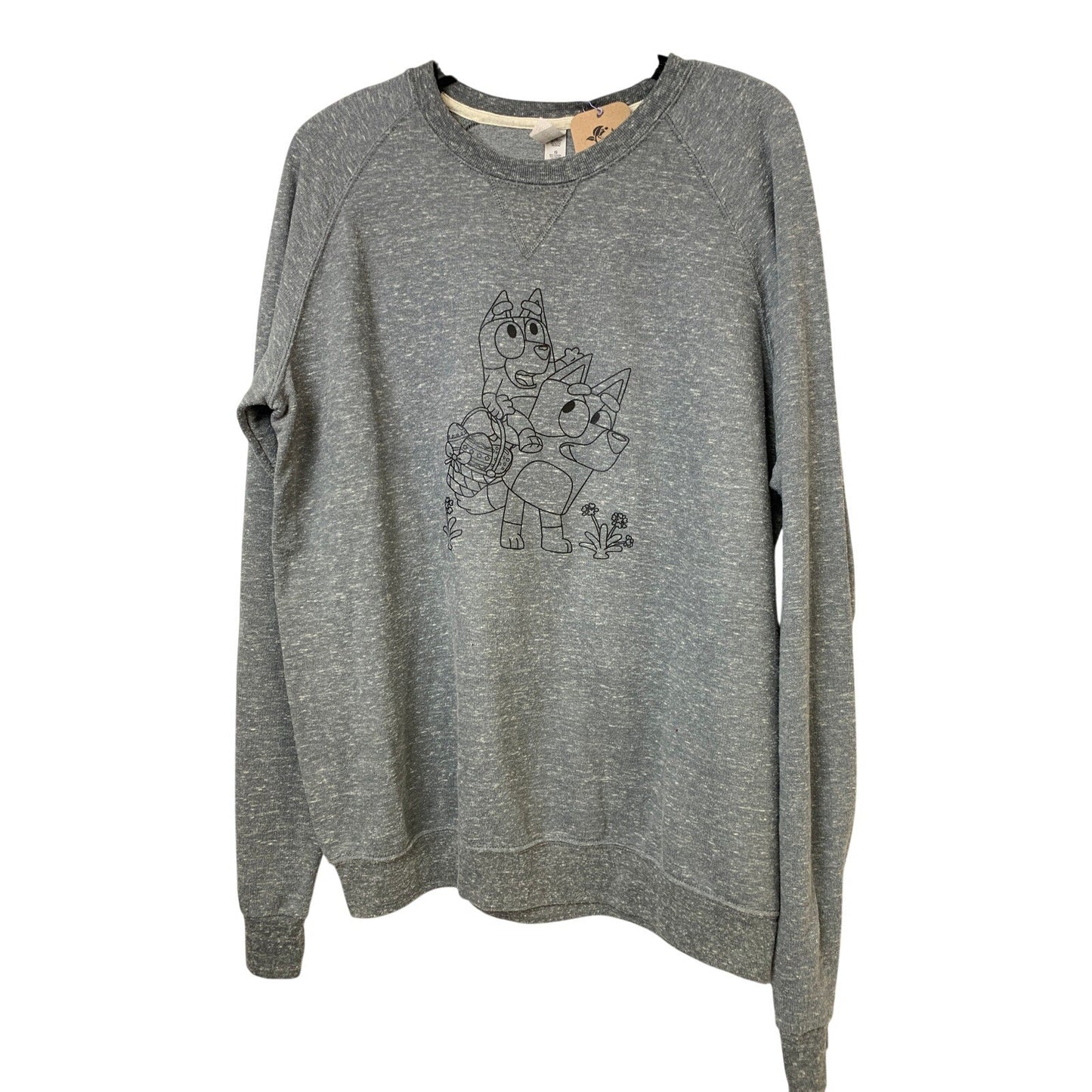 Upcycled Hand Printed Womens Large Bluey Bingo Easter Egg Long Sleeve Sweatshirt