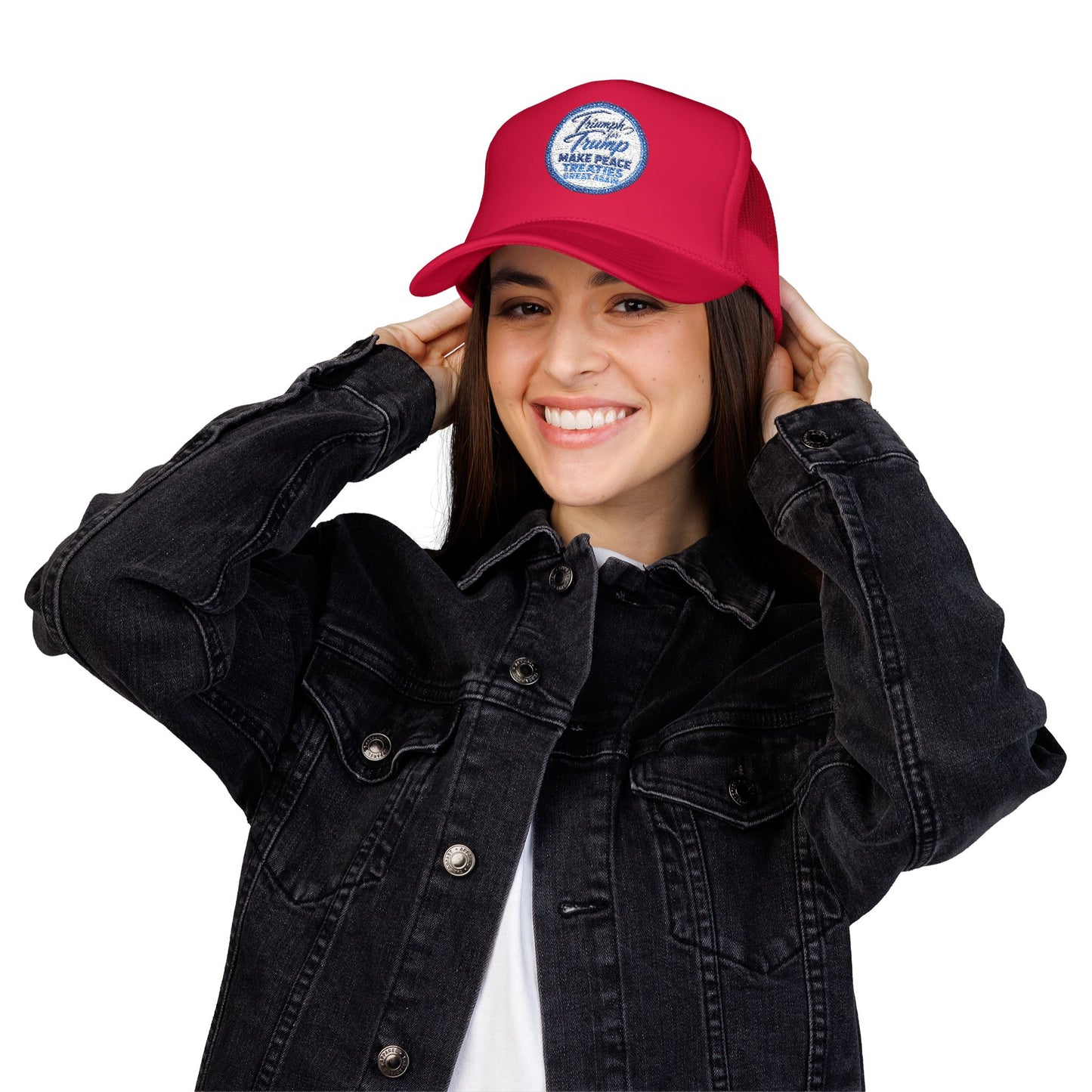 "Triumph for Trump: Make Peace Treaties Great Again" ✨EMBROIDERED Foam Trucker Hat — Vintage Trump Campaign Patch, Only @ LuxeByMimi✨
