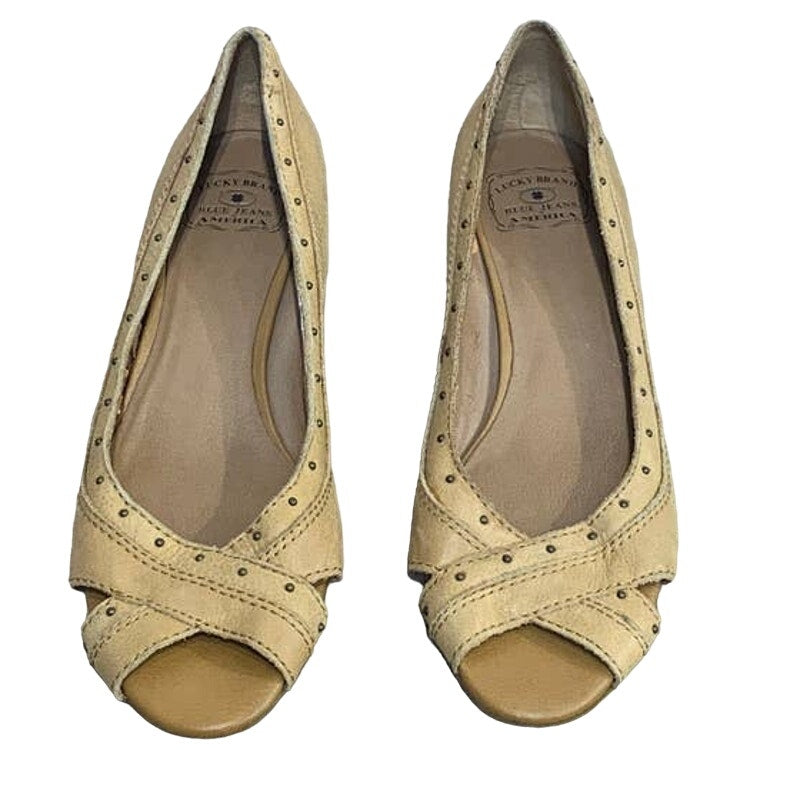 Lucky Brand Size 9.5 Leather Upper Tan Peep Toe Wedge Heel Slip On Shoes