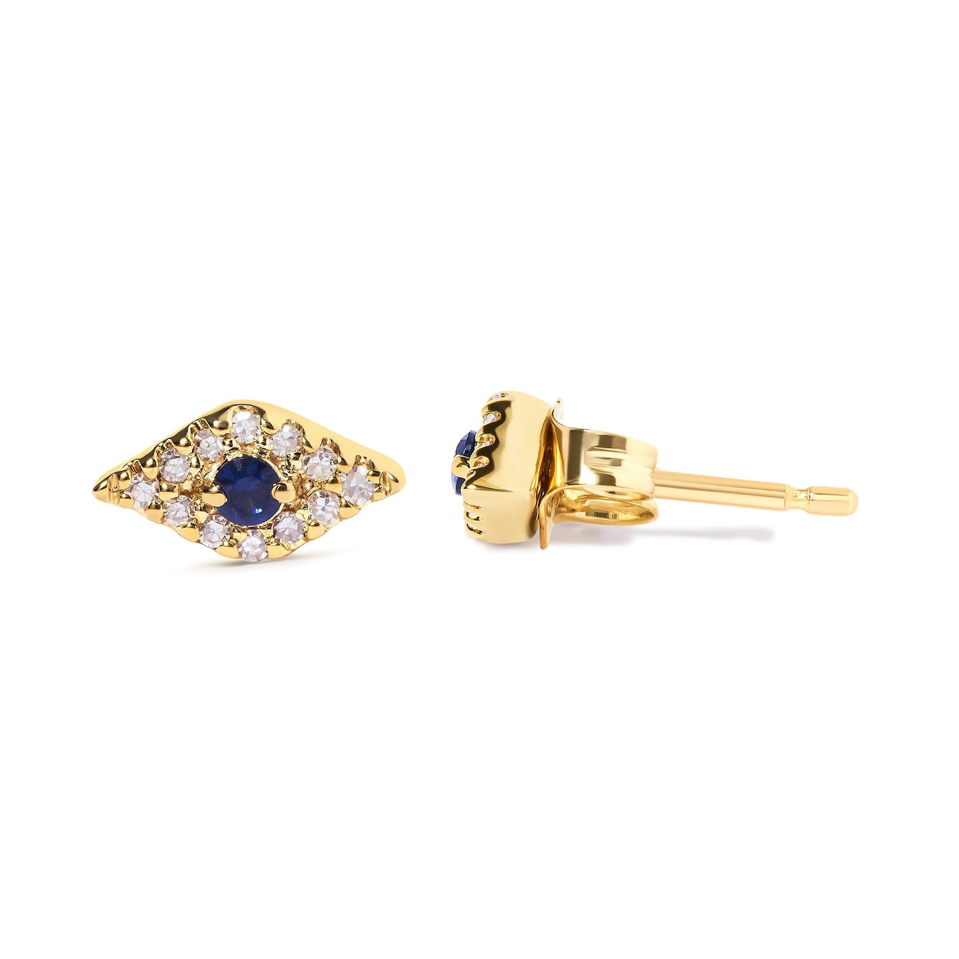 10K Yellow Gold Blue Sapphire and Diamond Accent Evil Eye Stud Earring (H-I Color, I1-I2 Clarity)-3