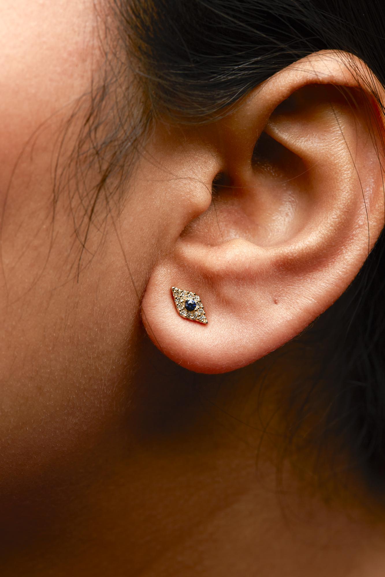10K Yellow Gold Blue Sapphire and Diamond Accent Evil Eye Stud Earring (H-I Color, I1-I2 Clarity)-2