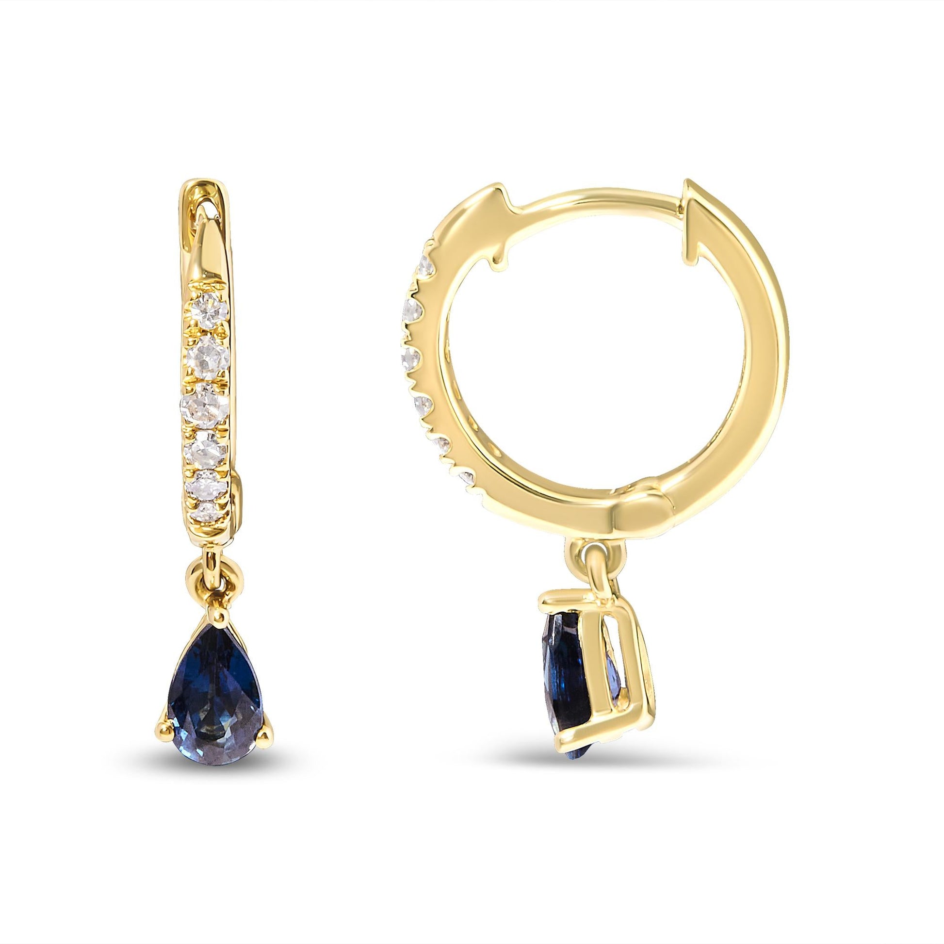 10K Yellow Gold Pear Blue Sapphire and 1/10 Cttw Diamond Drop and Dangle Huggy Hoop Earrings (H-I Color, I1-I2 Clarity)-3