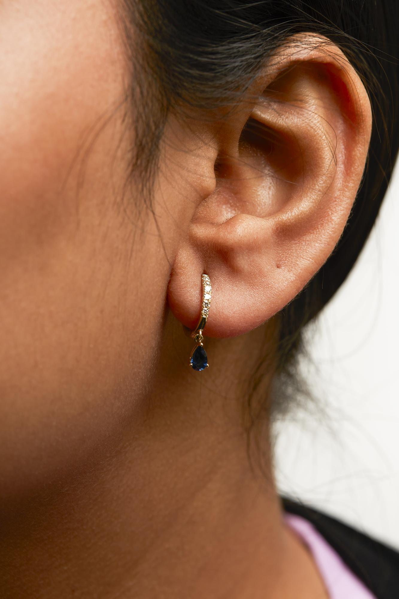 10K Yellow Gold Pear Blue Sapphire and 1/10 Cttw Diamond Drop and Dangle Huggy Hoop Earrings (H-I Color, I1-I2 Clarity)-2