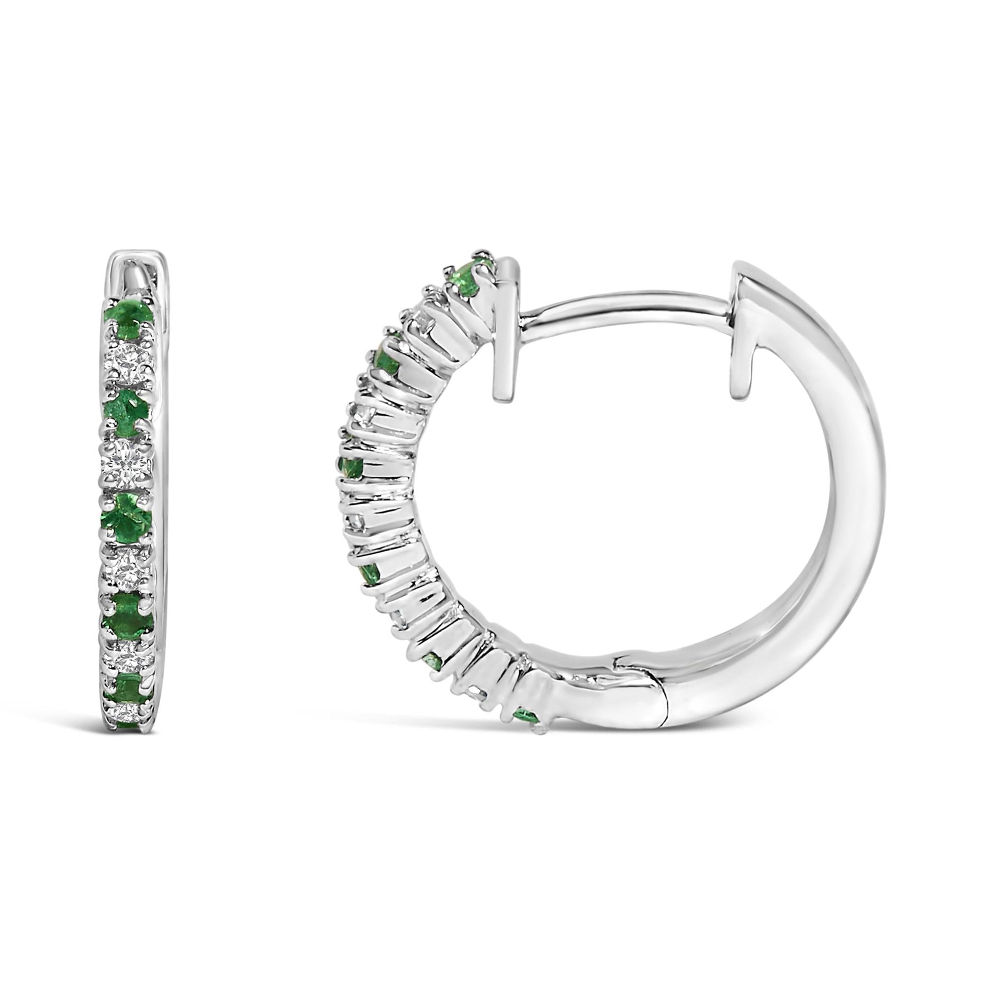10K White Gold Alternating Emerald 1/10 Cttw Diamond Huggy Hoop Earrings (I-J Color, I1-I2 Clarity)-3