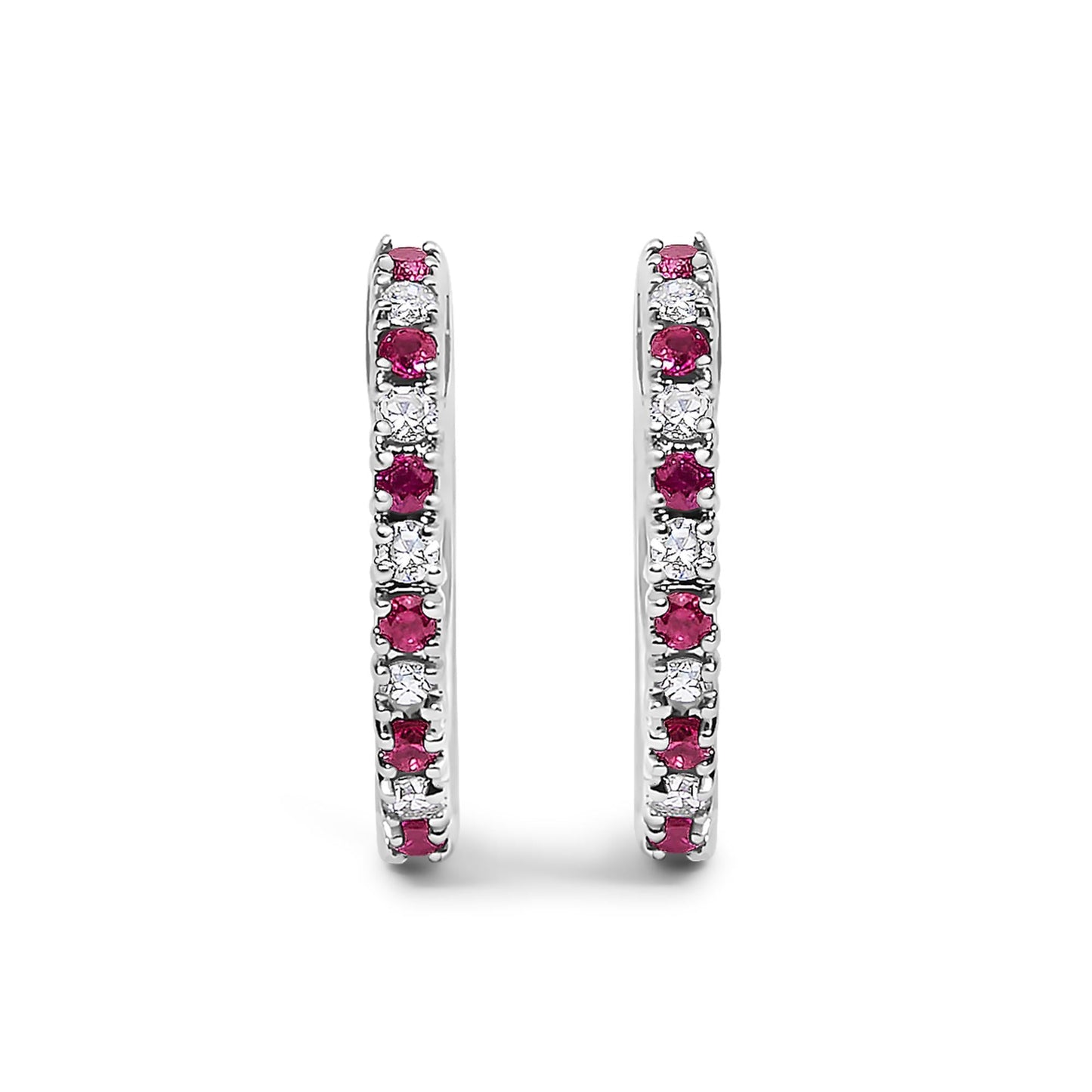 10K Gold Alternating Diamond and Red Ruby Huggy Hoop Earrings-3