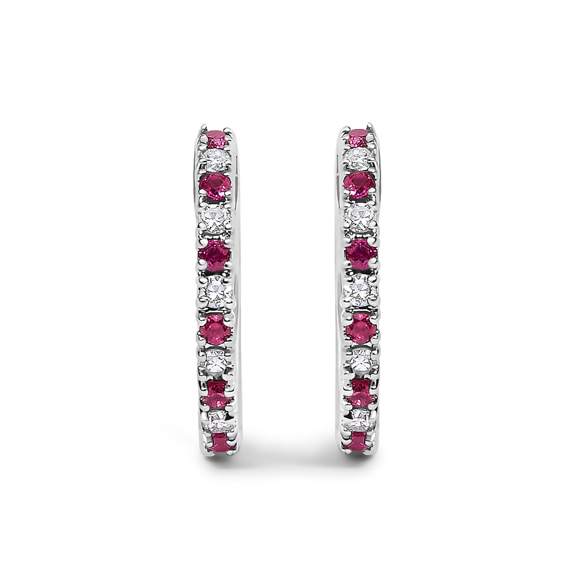 10K Gold Alternating Diamond and Red Ruby Huggy Hoop Earrings-3