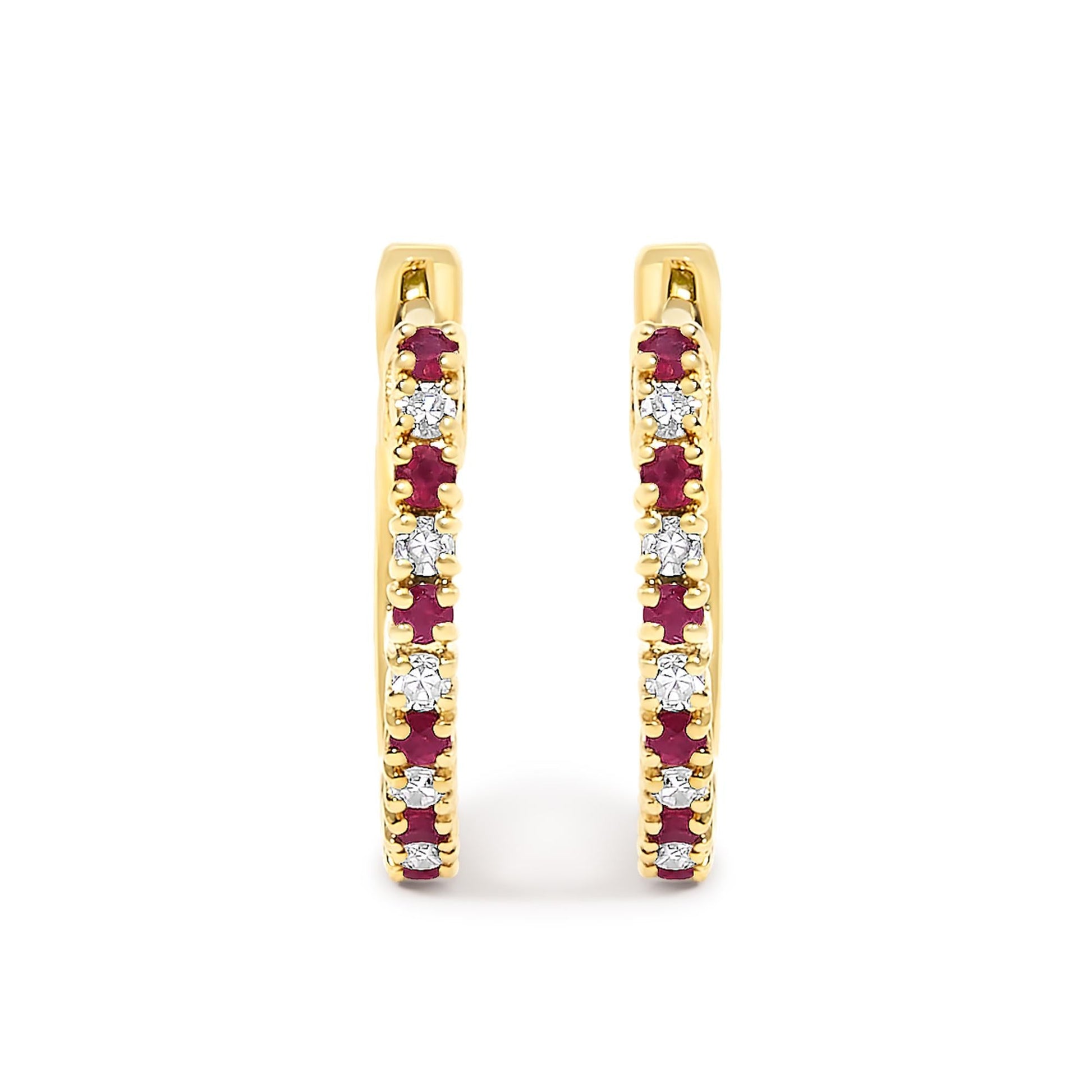 10K Gold Alternating Diamond and Red Ruby Huggy Hoop Earrings-2