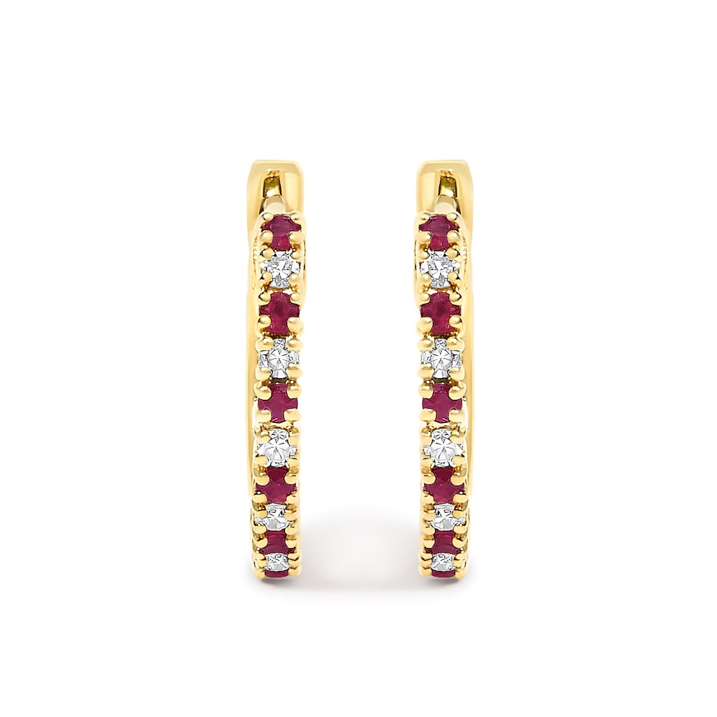 10K Gold Alternating Diamond and Red Ruby Huggy Hoop Earrings-2