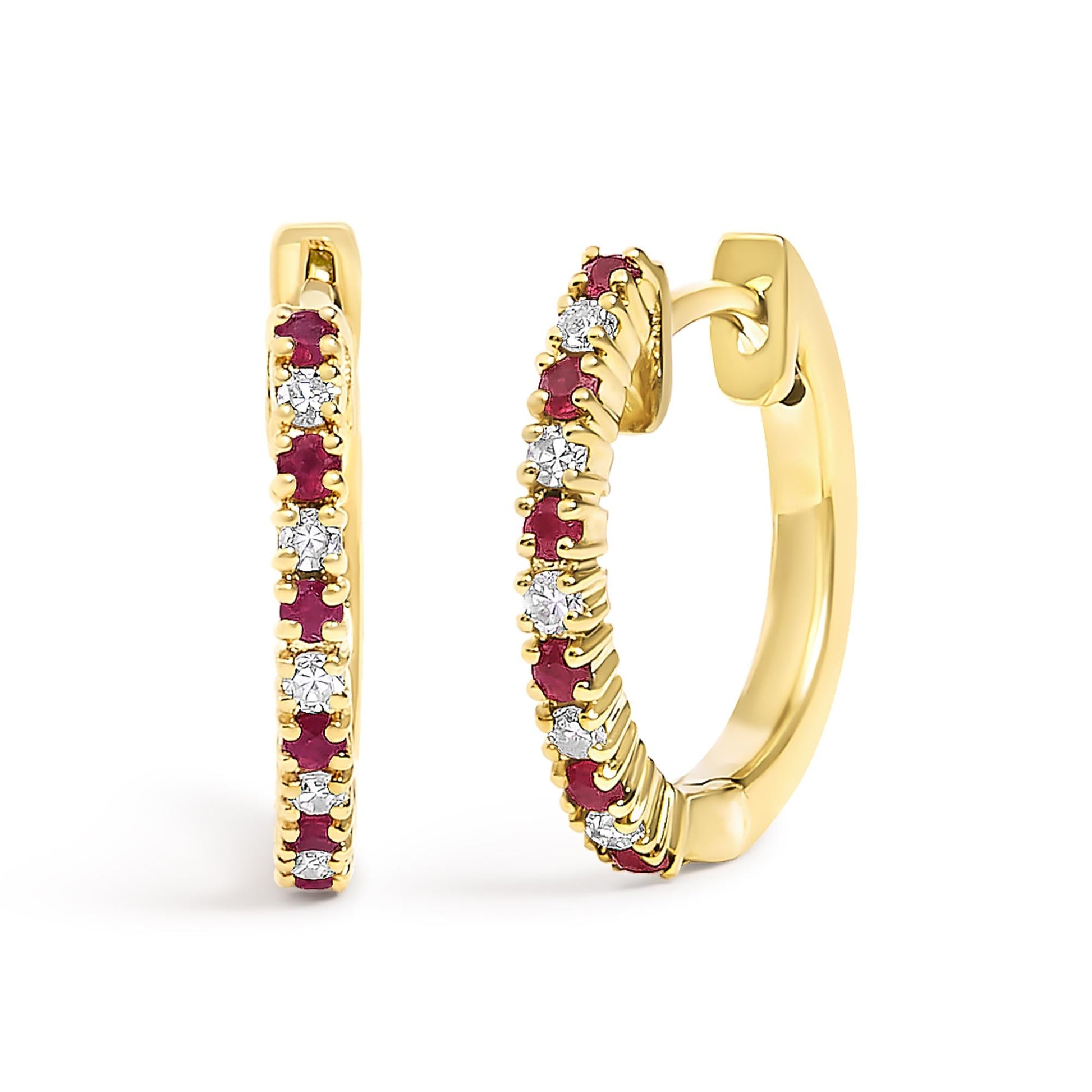 10K Gold Alternating Diamond and Red Ruby Huggy Hoop Earrings-0