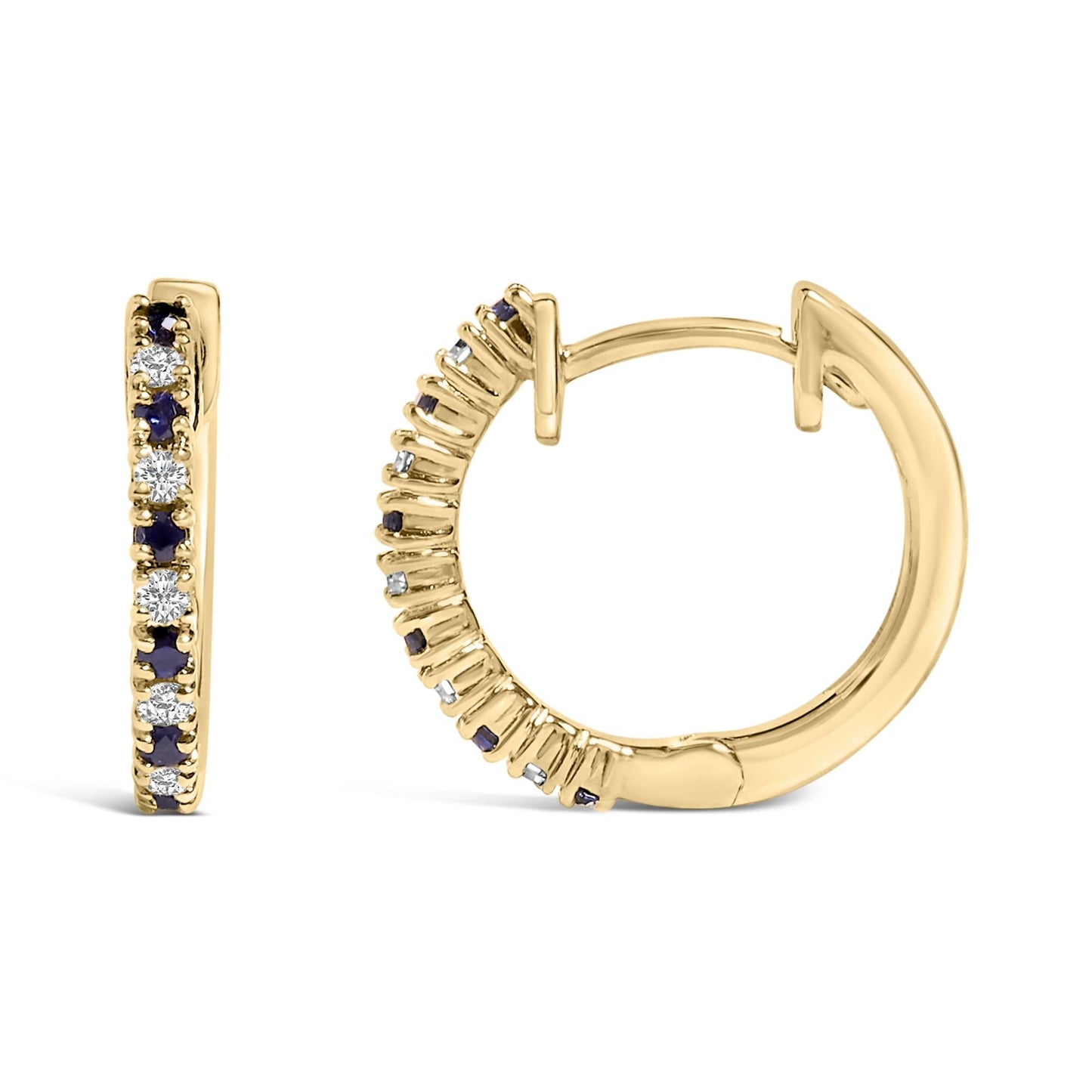 10K Yellow Gold Alternating Blue Sapphire 1/10 Cttw Diamond Huggy Hoop Earrings  (I-J Color, I1-I2 Clarity)-3