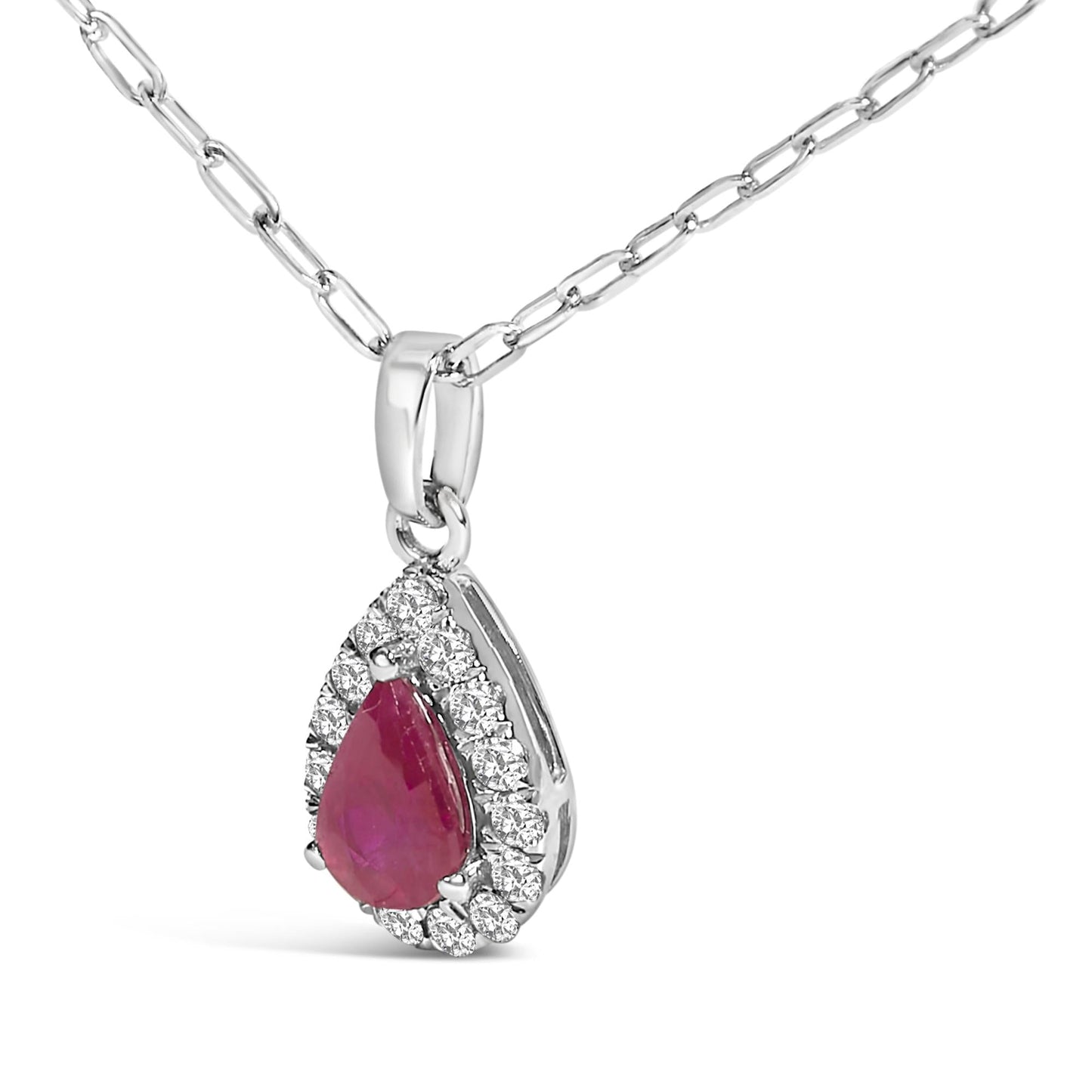 14K White Gold 6x4 Pear Red Ruby and Diamond Halo Pendant Necklace - 18" Inches-3