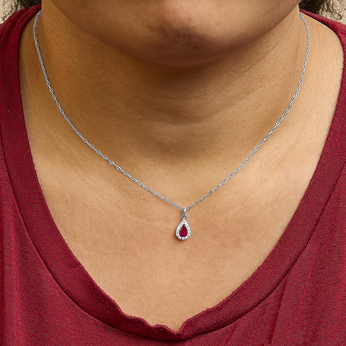 14K White Gold 6x4 Pear Red Ruby and Diamond Halo Pendant Necklace - 18" Inches-2