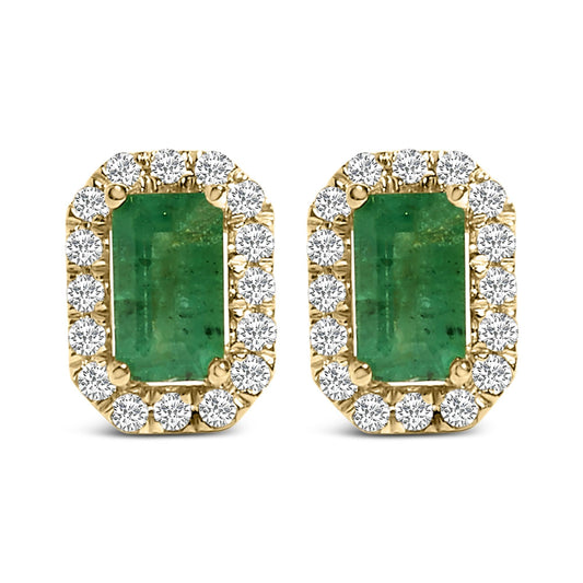 14K Yellow Gold Green Emerald and 1/8 Cttw Diamond Halo Octagonal Shaped Stud Earrings  (I-J Color, I1-I2 Clarity)-0