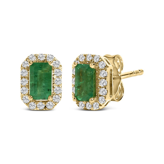 14K Yellow Gold Green Emerald and 1/8 Cttw Diamond Halo Octagonal Shaped Stud Earrings  (I-J Color, I1-I2 Clarity)-1
