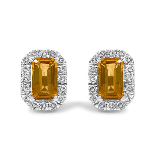 10K Gold 5x3mm Emerald-Cut Gemstone and 1/7 Cttw Diamond Halo Octagonal Stud Earrings (I-J Color, I1-I2 Clarity)-0