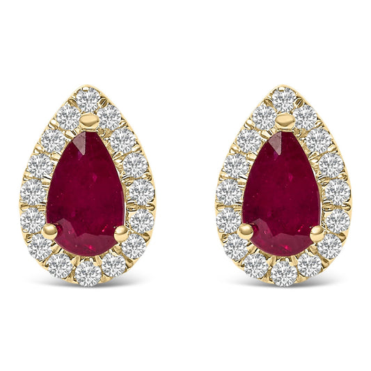 10K Yellow Gold 5X3 MM Pear-Cut Ruby and 1/7 Cttw Diamond Halo Stud Earrings (I-J Color, I1-I2 Clarity)-0