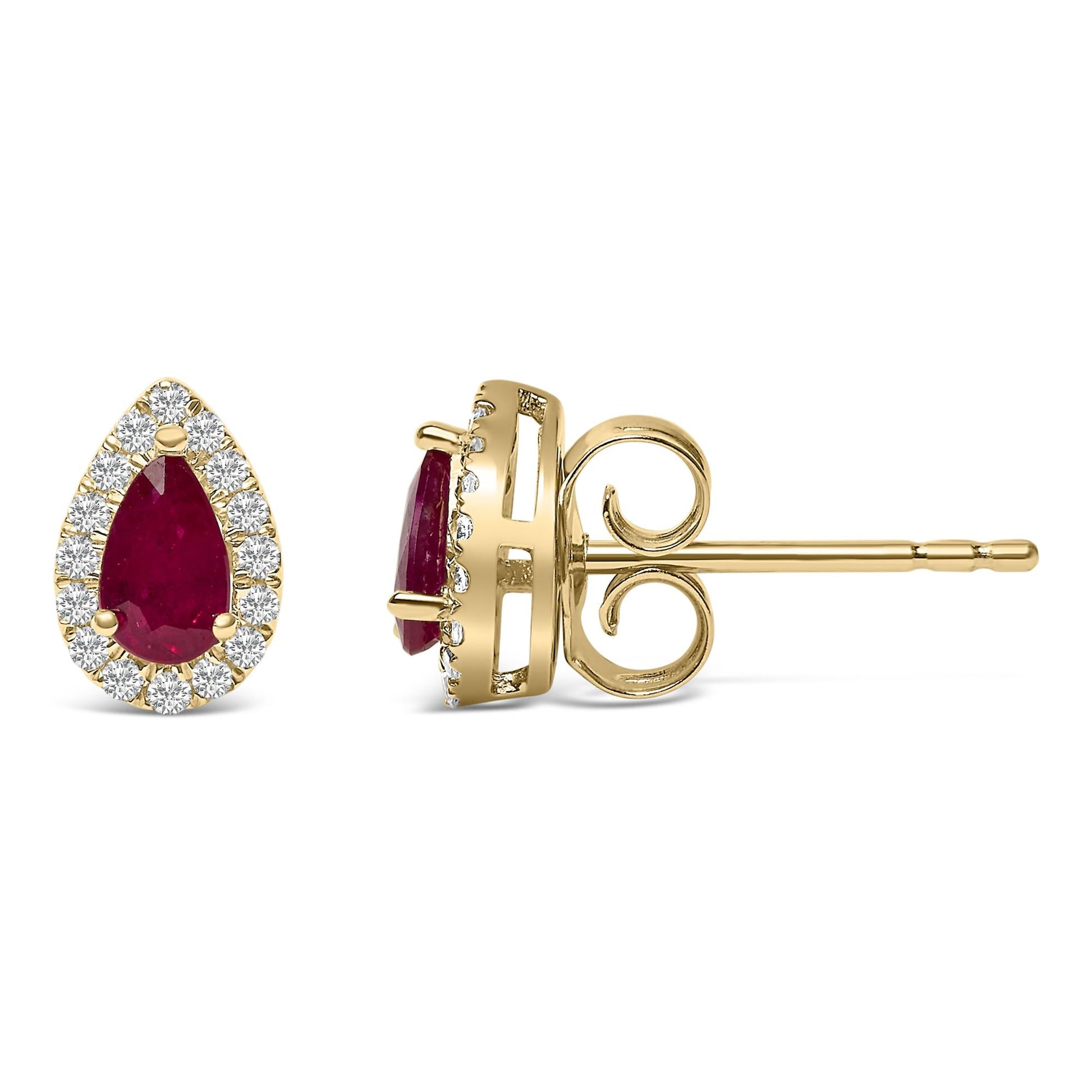 10K Yellow Gold 5X3 MM Pear-Cut Ruby and 1/7 Cttw Diamond Halo Stud Earrings (I-J Color, I1-I2 Clarity)-3