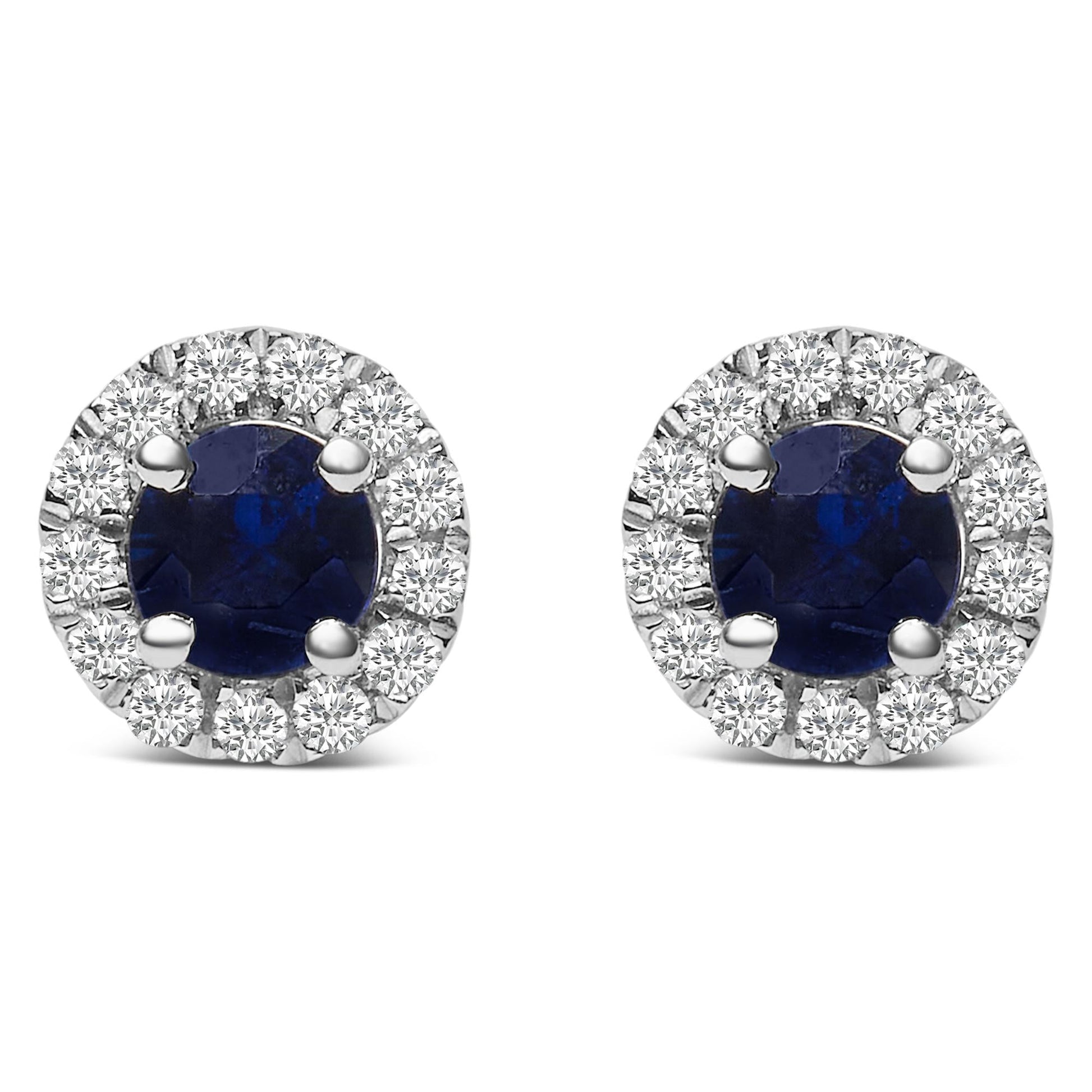 10K White Gold 3.25mm x 3.25mm Round Blue Sapphire and 1/10 Cttw Diamond Halo Stud Earrings (I-J Color, I1-I2 Clarity)-0