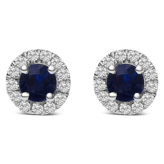 10K White Gold 3.25mm x 3.25mm Round Blue Sapphire and 1/10 Cttw Diamond Halo Stud Earrings (I-J Color, I1-I2 Clarity)-0