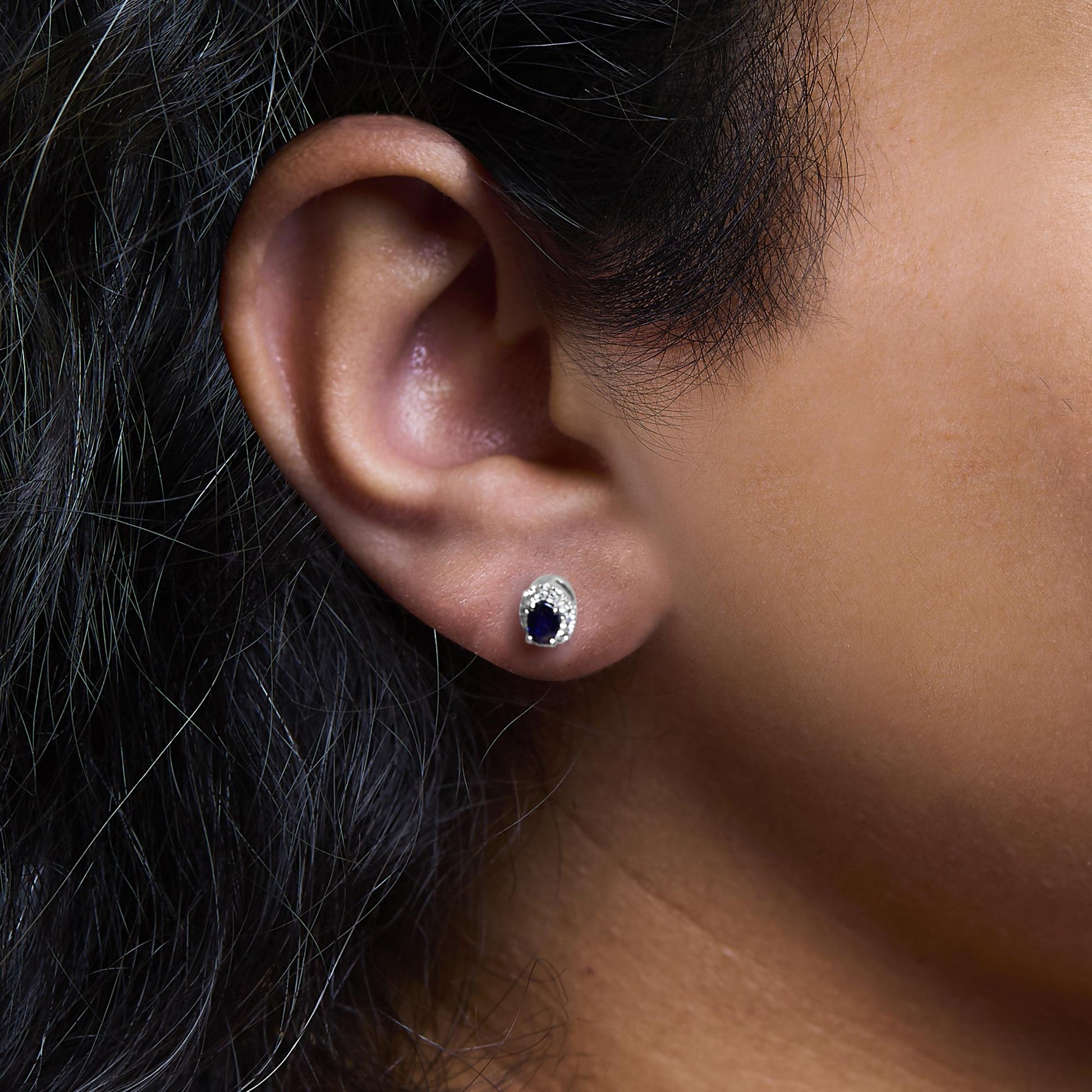 10K White Gold 3.25mm x 3.25mm Round Blue Sapphire and 1/10 Cttw Diamond Halo Stud Earrings (I-J Color, I1-I2 Clarity)-2