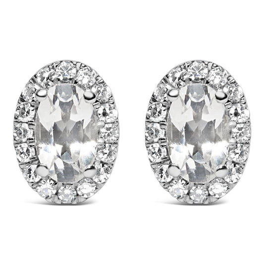10K White Gold 5x3 MM Oval Cut Birthstone and Diamond Halo Stud Earrings (I-J Color, I1-I2 Clarity)-0