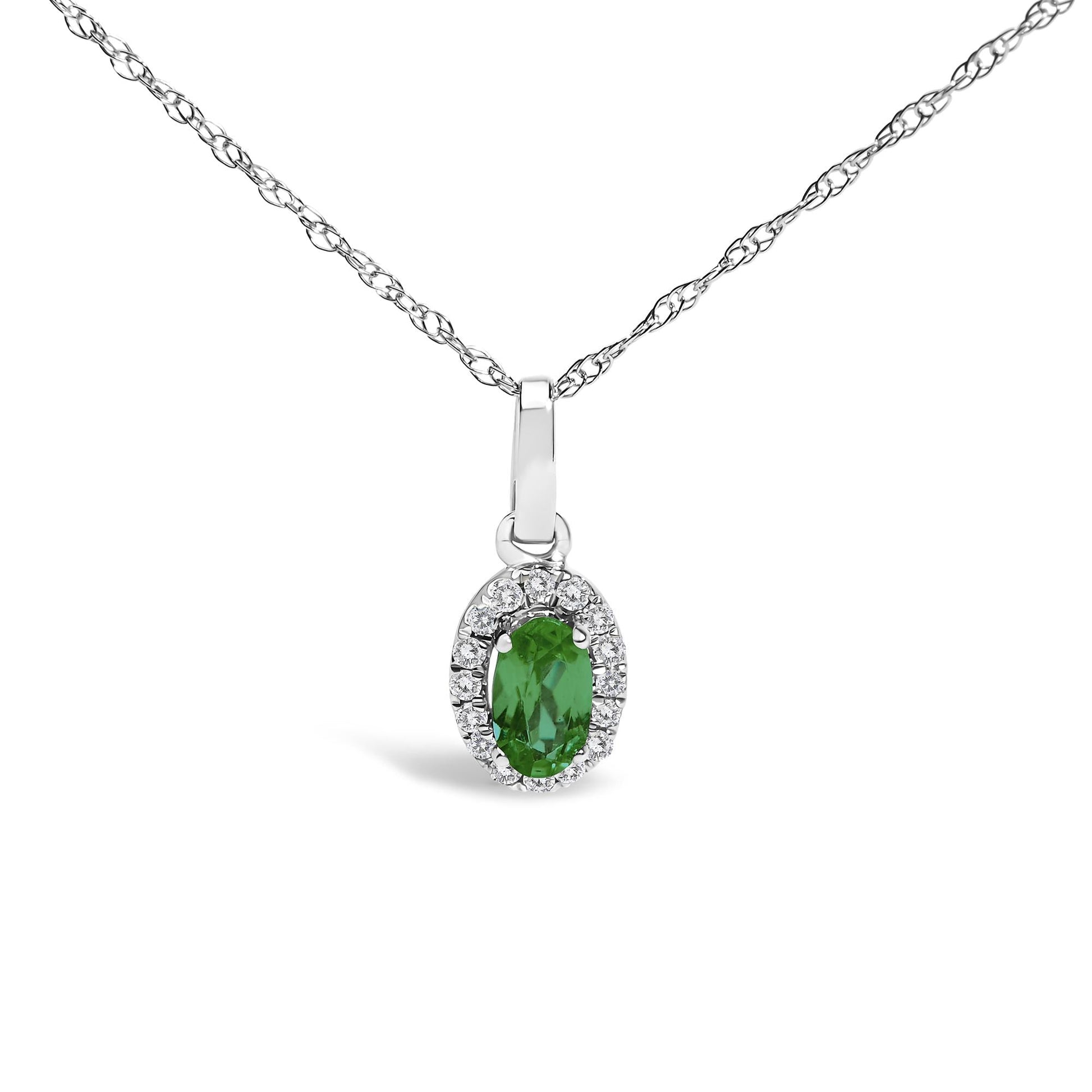 10K White Gold 5x3mm Gemstone and Diamond Accent Halo Oval Shape 18" Pendant Necklace (I-J Color, I1-I2 Clarity)-3