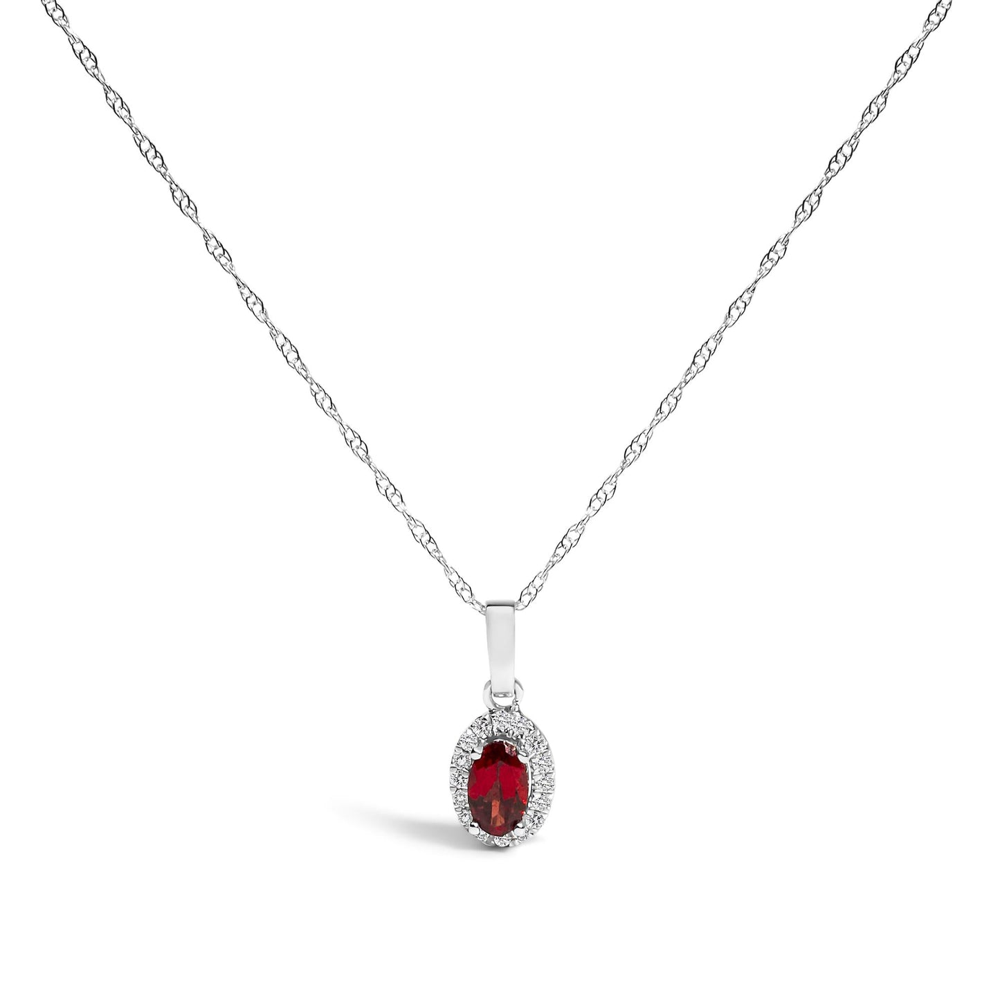 10K White Gold 5x3mm Gemstone and Diamond Accent Halo Oval Shape 18" Pendant Necklace (I-J Color, I1-I2 Clarity)-2