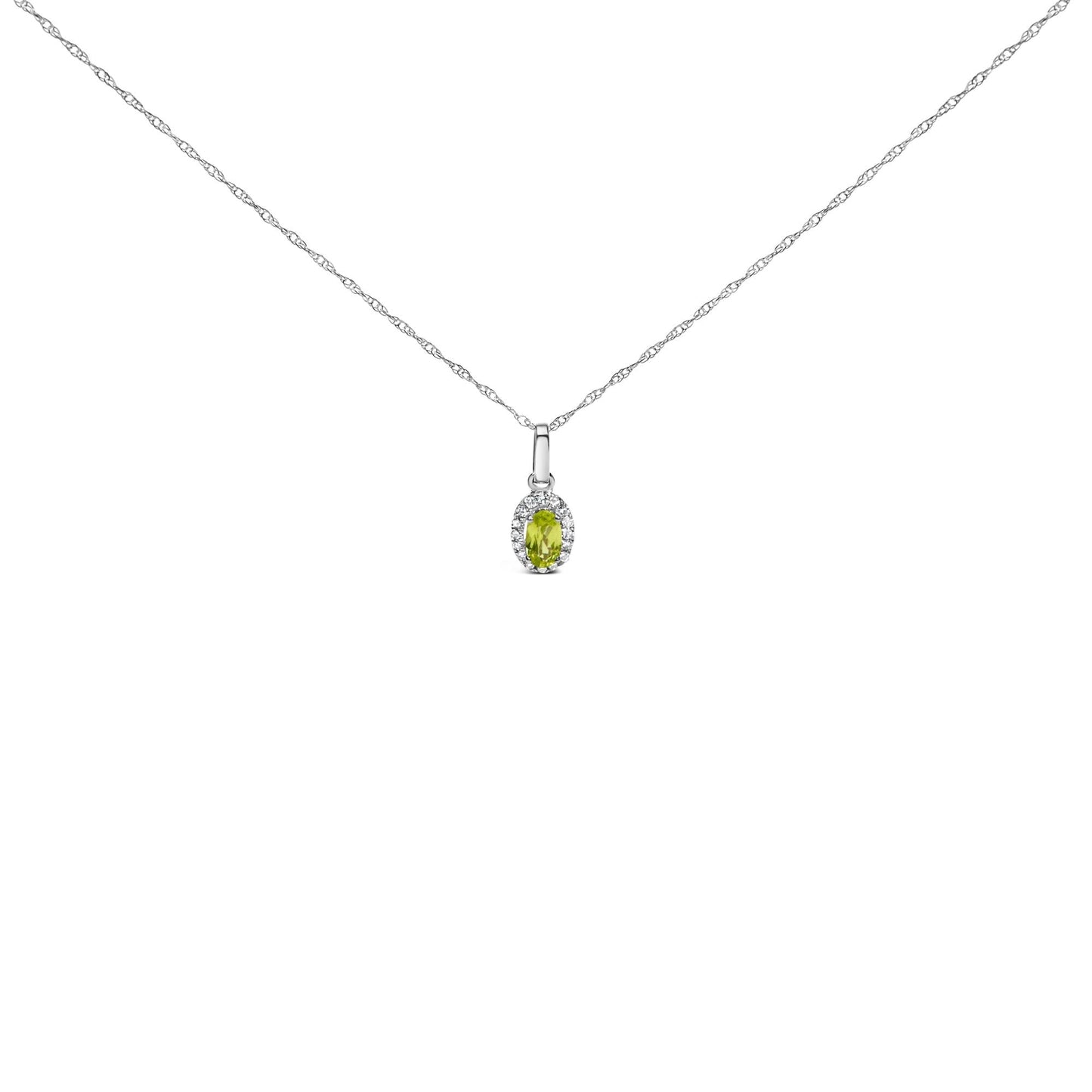 10K White Gold 5x3mm Gemstone and Diamond Accent Halo Oval Shape 18" Pendant Necklace (I-J Color, I1-I2 Clarity)-1
