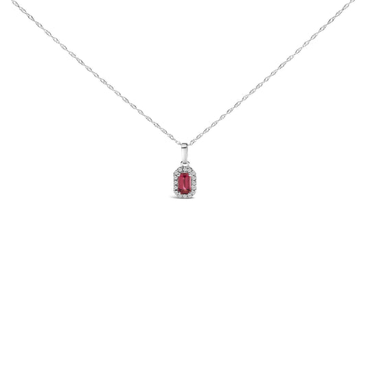 10K White Gold 5x3mm Gemstone and Diamond Accent Halo Octagonal Shape 18" Pendant Necklace (I-J Color, I1-I2 Clarity)-0