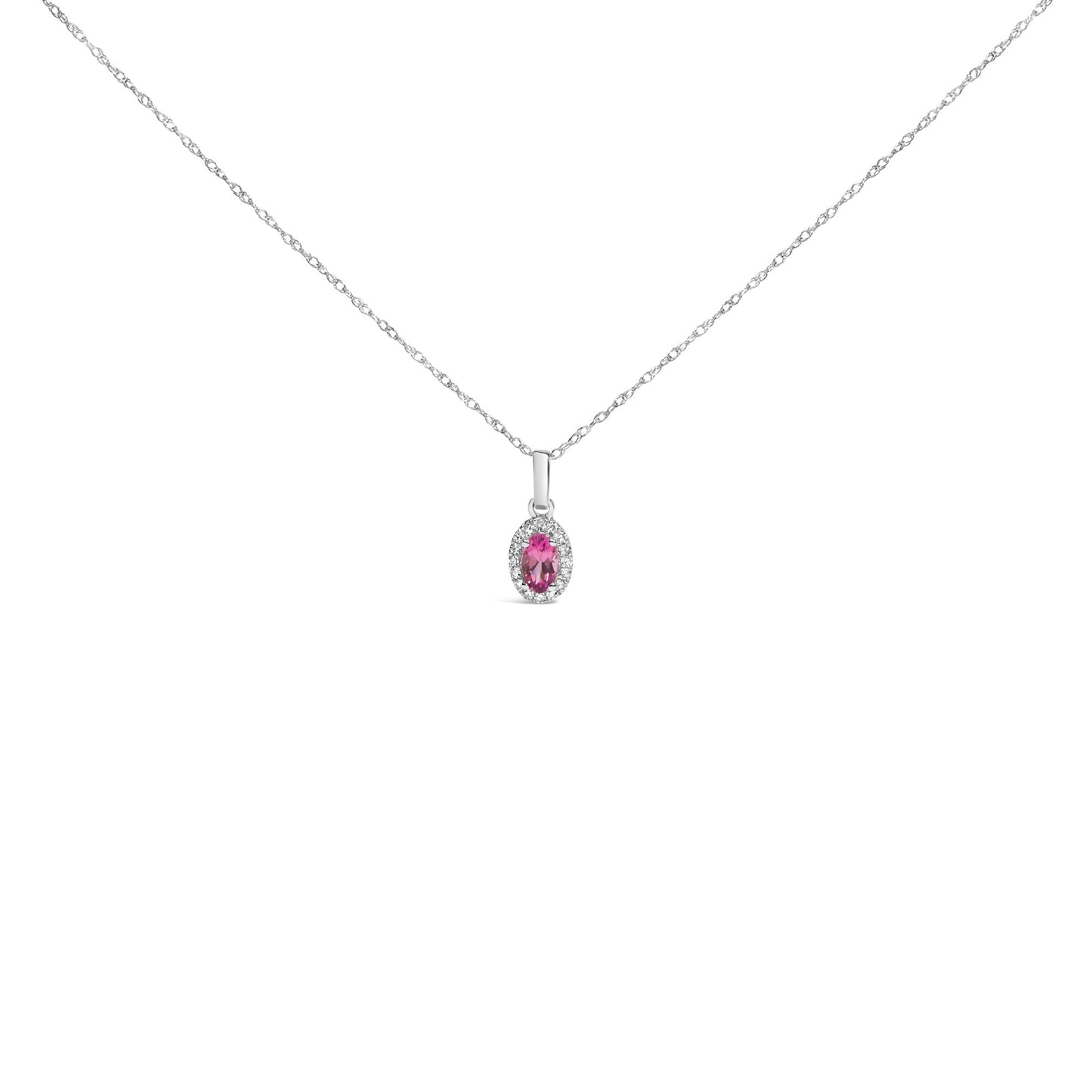 10K White Gold 5x3mm Gemstone and Diamond Accent Halo Oval Shape 18" Pendant Necklace (I-J Color, I1-I2 Clarity)-0