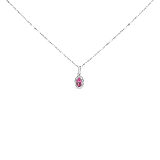 10K White Gold 5x3mm Gemstone and Diamond Accent Halo Oval Shape 18" Pendant Necklace (I-J Color, I1-I2 Clarity)-0