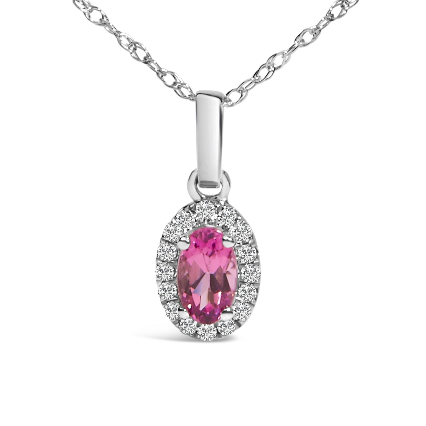10K White Gold 5x3mm Gemstone and Diamond Accent Halo Oval Shape 18" Pendant Necklace (I-J Color, I1-I2 Clarity)-4