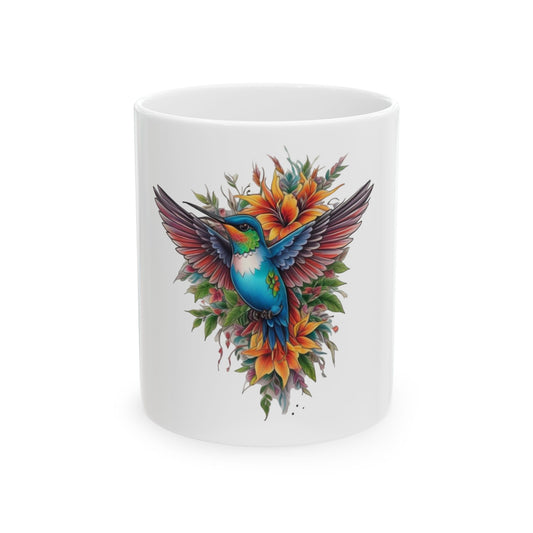 Vibrant Hummingbird Ceramic Mug, Colorful Coffee Cup, Nature Lover Gift, Floral Artwork Mug, Perfect for Tea and Coffee
