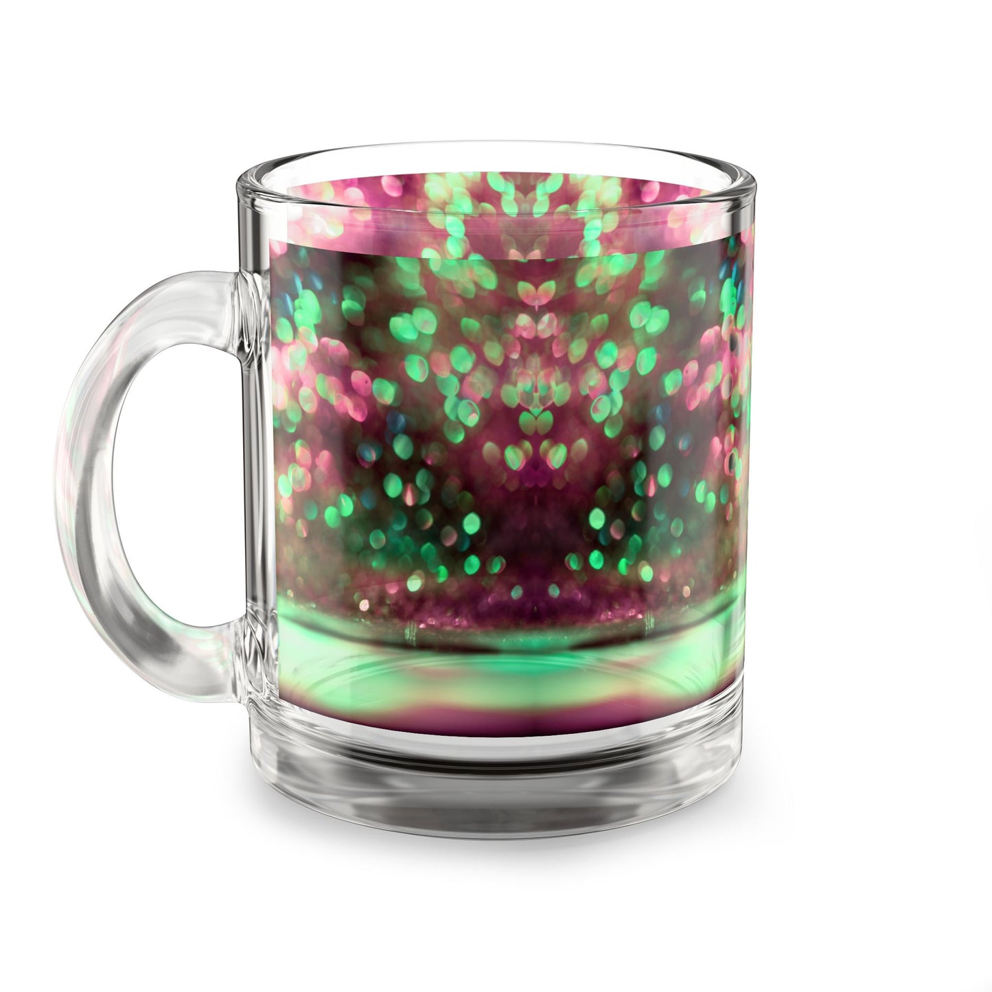 Pink Green Bokeh Sparkle Glass Mug 10oz Printed Coffee Cup