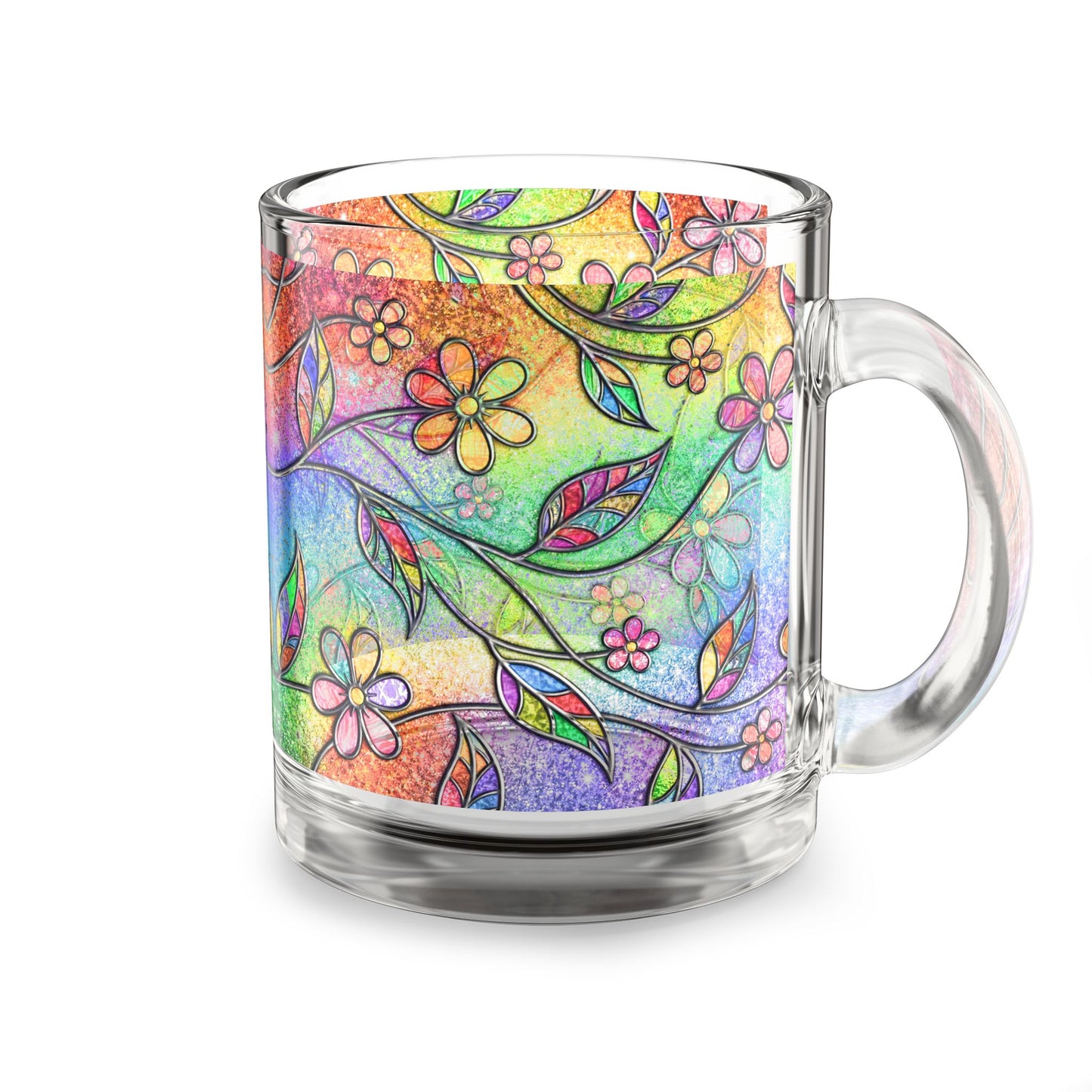 Rainbow Floral Pattern Glass Mug 10oz Colorful Flower Design