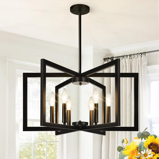 Black 6 Light Chandelier 25 Inch Geometric Square Frame-0