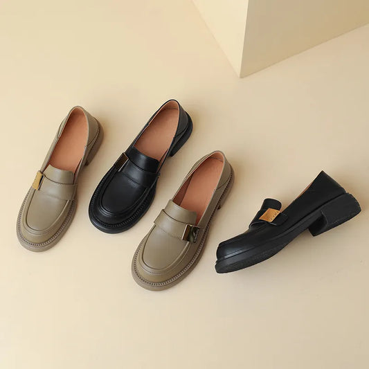 Genuine Leather Round Toe Slip On Chunky Ladies Gladiator Shoes